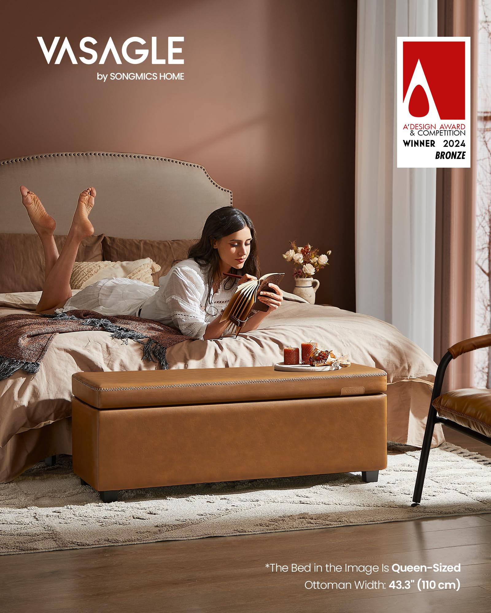 VASAGLE EKHO Collection - Storage Ottoman Bench, Entryway Bedroom Bench, 15 Gallons, Synthetic Leather with Stitching, Mid-Century Modern, Safety Hinges, Loads 660 lb, Caramel Brown ULOM074K01