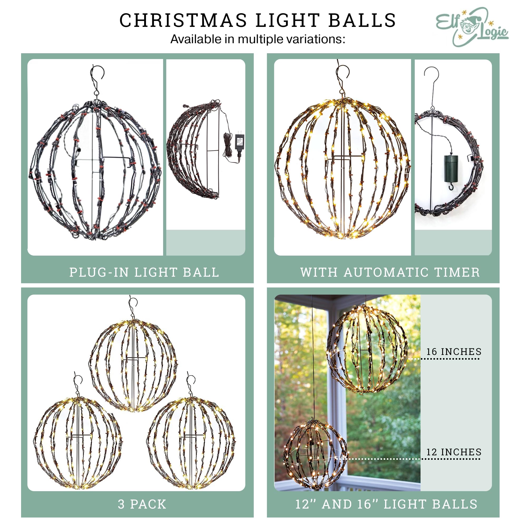 Elf Logic 3 Pack 12” Outdoor/Indoor LED Christmas Light Balls. Durable, Waterproof, Long-Lasting, Lightweight Bright Light Ball. Warm LED Lights for Holiday Decor, Patio, Wedding Decor