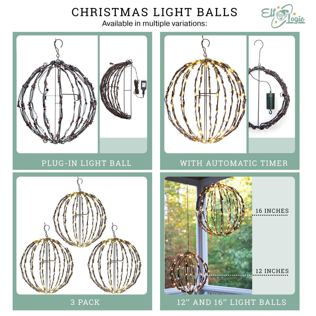 Elf Logic 3 Pack 12” Outdoor/Indoor LED Christmas Light Balls. Durable, Waterproof, Long-Lasting, Lightweight Bright Light Ball. Warm LED Lights for Holiday Decor, Patio, Wedding Decor