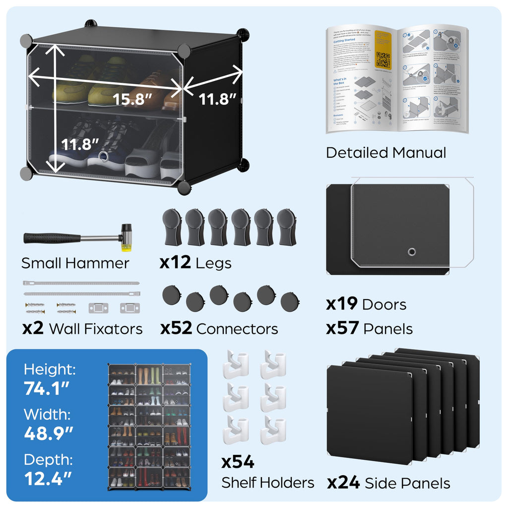 CUBEDIY Shoe Organizer Cabinet Up to 72 Pairs, Shoe Closet-Covered Shoe Rack with See-Through Door (Clear, Plastic, Stackable) Cubby Portable Shoe Organizer with Covers, Hooks & Pockets, Black