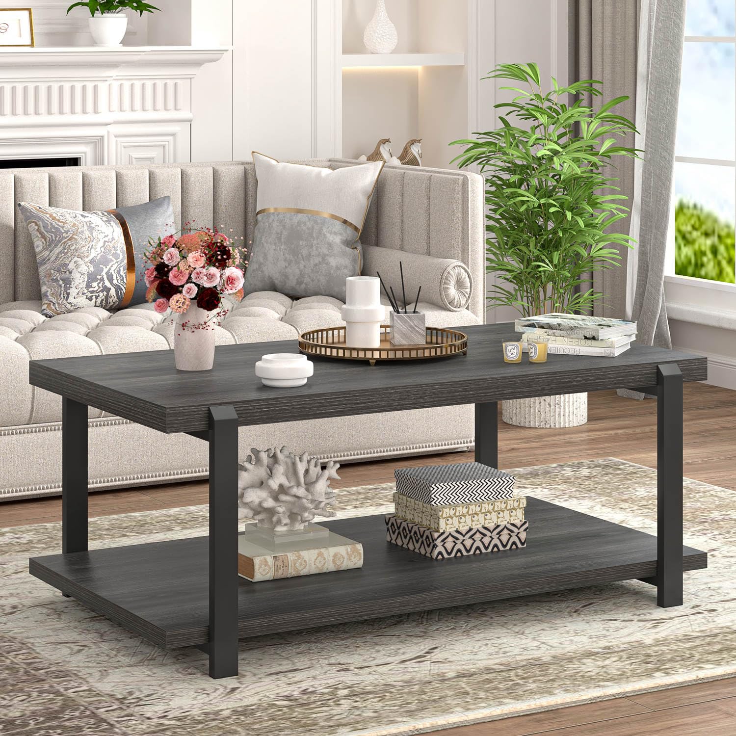 FOLUBAN Black Coffee Table, Modern Rustic Wood Center Table with Storage for Living Room, Industrial Rectangle 2 Tier Cocktail Tea Table, Black Oak