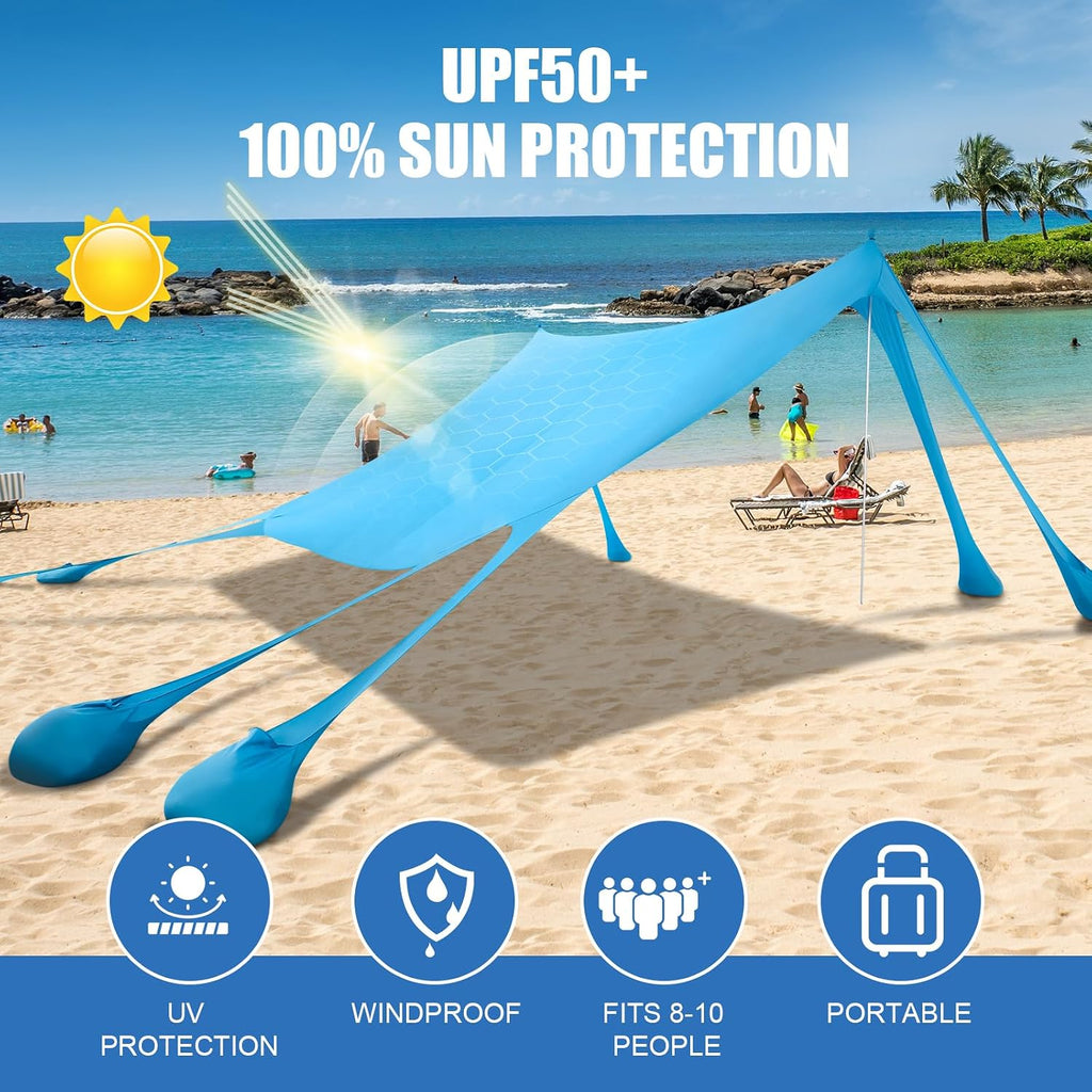 Beach Tent Sun Shelter, Beach Shade Canopy UPF50+, 10x10ft Canopy Tent with 8 Sandbags, Sand Shovels, Ground Pegs & Stability Poles, Pop Up Shade Tents for Beach, Camping, Fishing