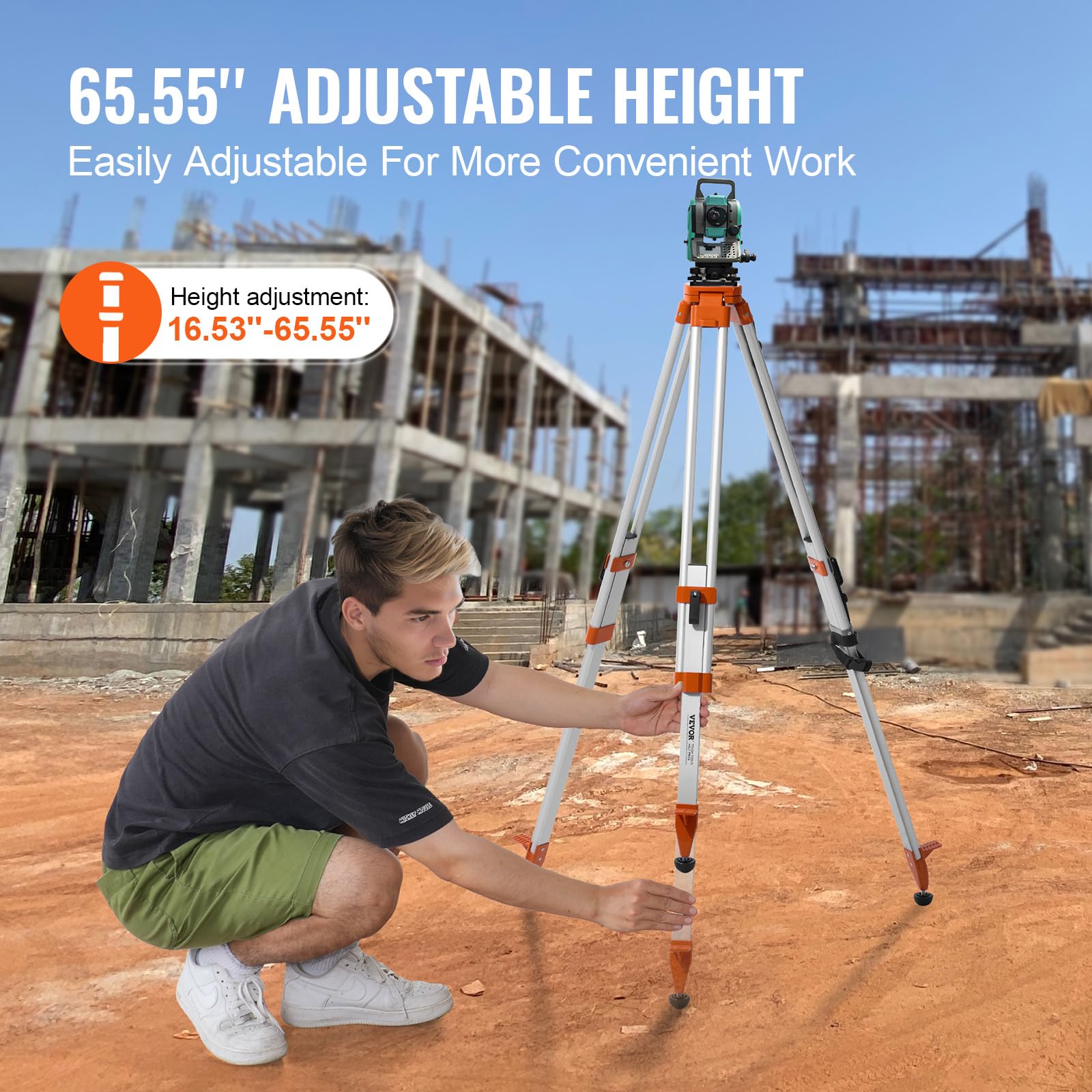 VEVOR Laser Level Tripod Stand, 5/8"-11 Thread Mount, 16.53-65.55 inch Height Adjustment Heavy Duty Survey Tripod for Construction Laser Level Scanner, Retractable Legs Non-Skid Feet Professional
