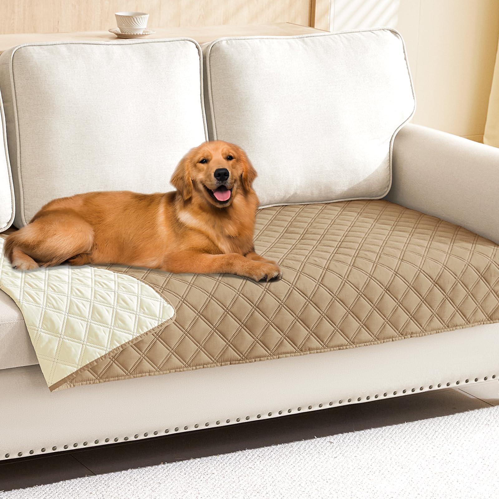 Smiry Waterproof Dog Bed Cover Pet Blanket, Soft Washable Dog Blanket for Furniture Bed Couch Sofa Reversible, Checkered (30"x53", Beige/Beige)