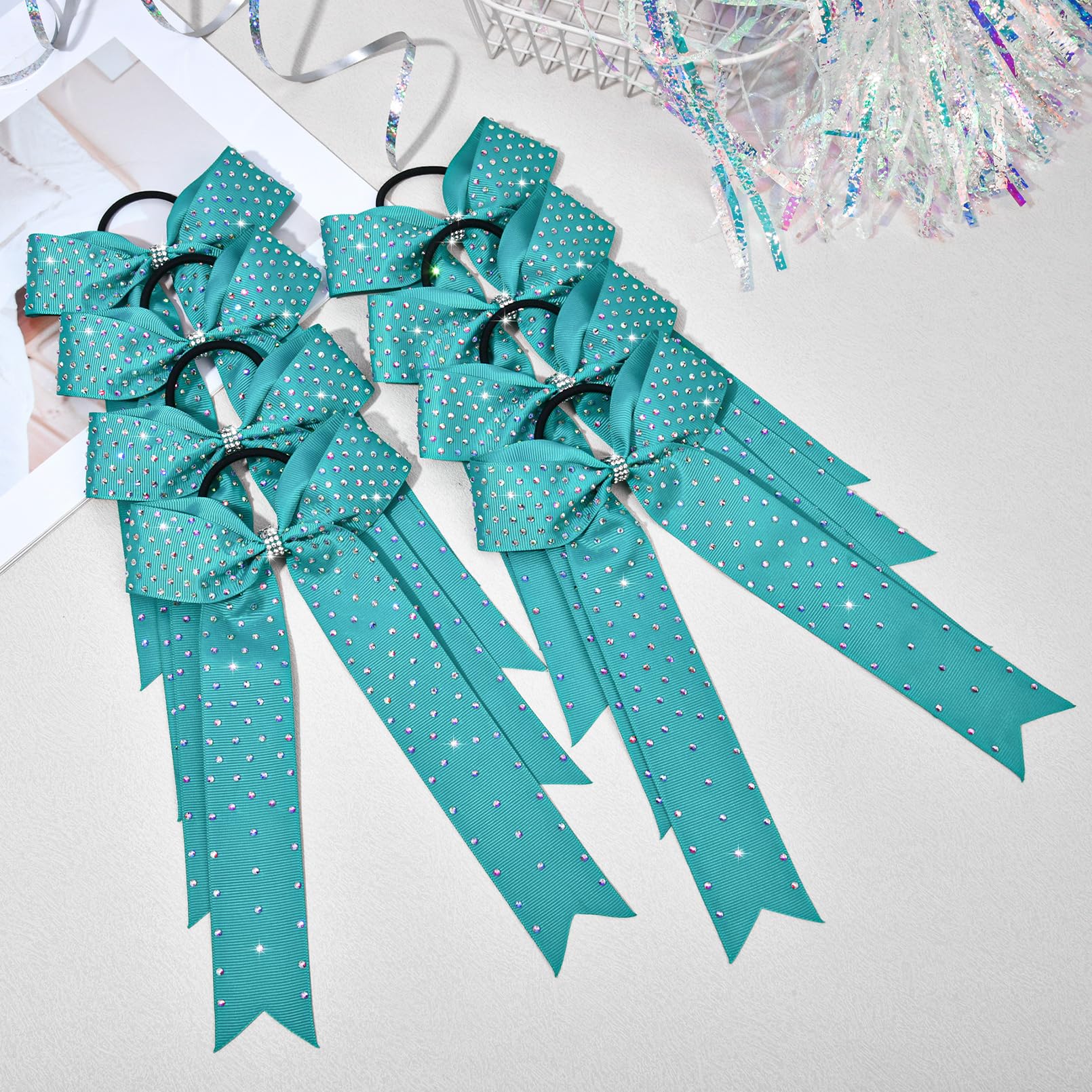 DEEKA 12 Count Collegiate Style Cheer Bows, Forest Green with Rhinestones, Handmade Bows for Girls Teens Cheerleader Sports