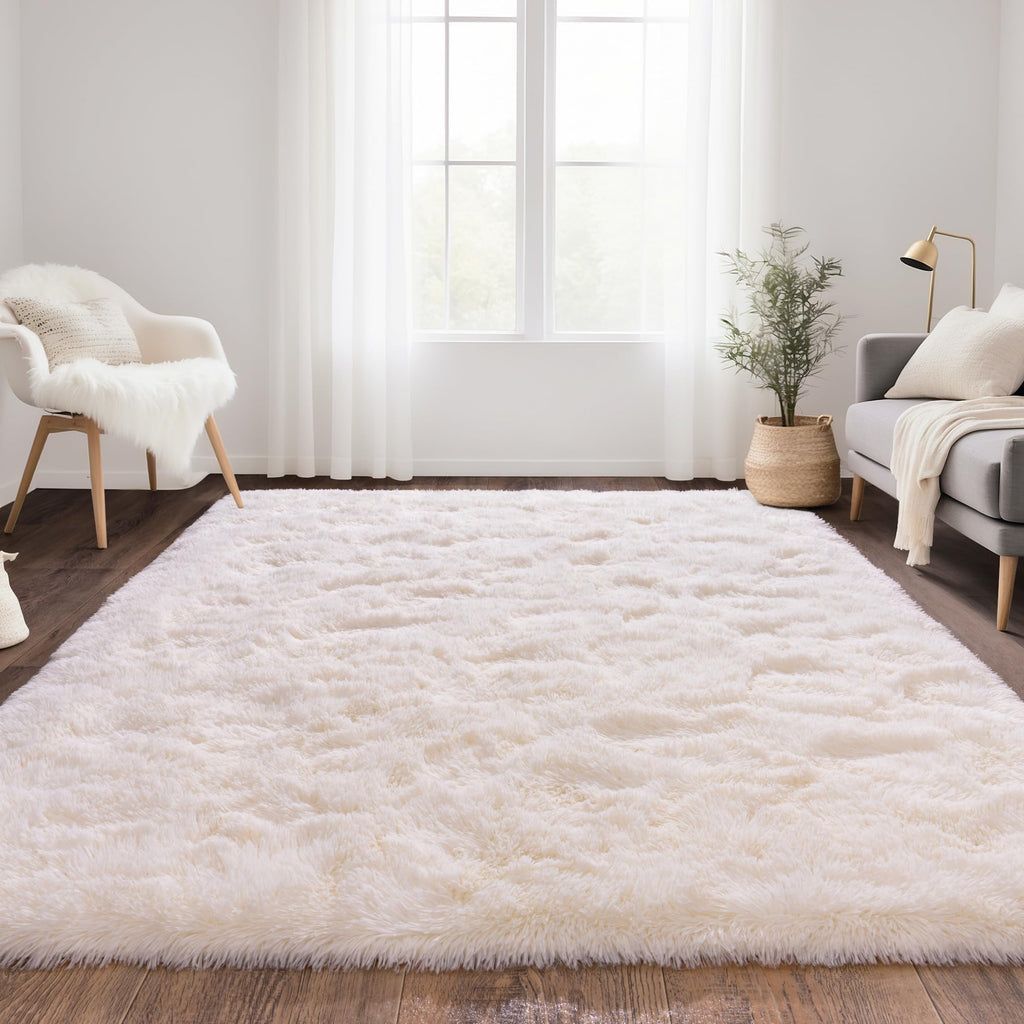 Beige Fluffy Rug for Bedroom 4x6ft - Ultra Soft & Non Slip Shaggy Area Rug, Comfy Durable Carpet for Living Room Kids Room Teens Dorm Home Decor, 1.7'' Thick Indoor Plush Carpets