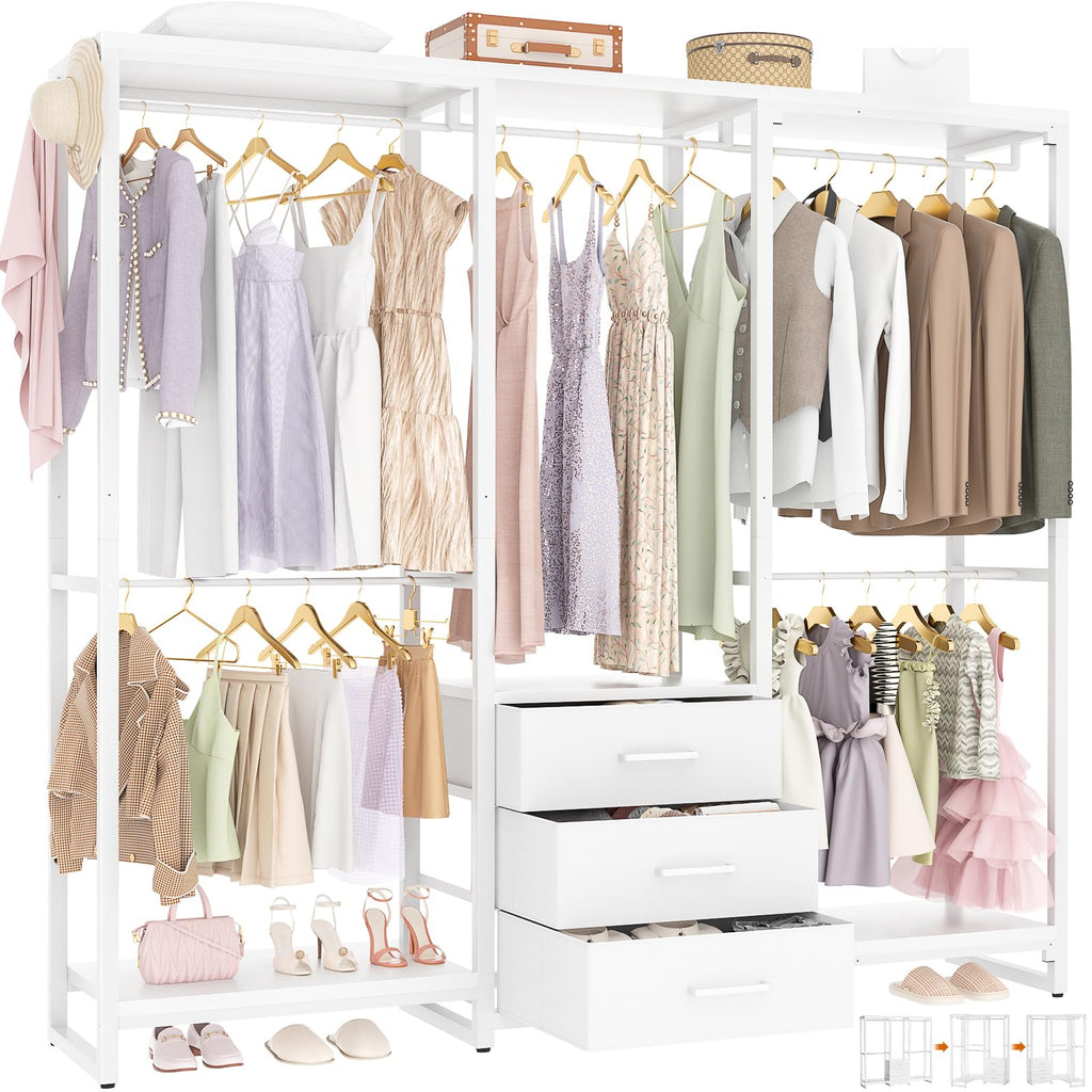 Aheaplus Garment Rack Heavy Duty Clothes Rack for Hanging Clothes,Clothing Rack with Drawers, Wood Stoarge Shelf Freestanding Closet Wardrobe Rack, Corner L Shaped Closet System Organizers, Grey