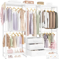 Aheaplus Garment Rack Heavy Duty Clothes Rack for Hanging Clothes,Clothing Rack with Drawers, Wood Stoarge Shelf Freestanding Closet Wardrobe Rack, Corner L Shaped Closet System Organizers, Grey