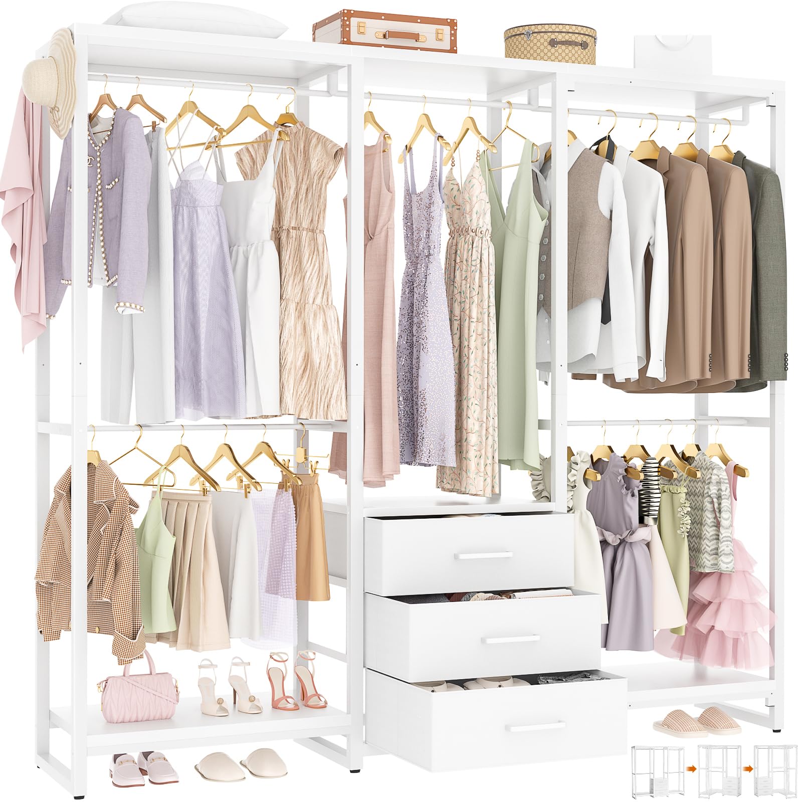 Aheaplus Garment Rack Heavy Duty Clothes Rack for Hanging Clothes,Clothing Rack with Drawers, Wood Stoarge Shelf Freestanding Closet Wardrobe Rack, Corner L Shaped Closet System Organizers, Grey