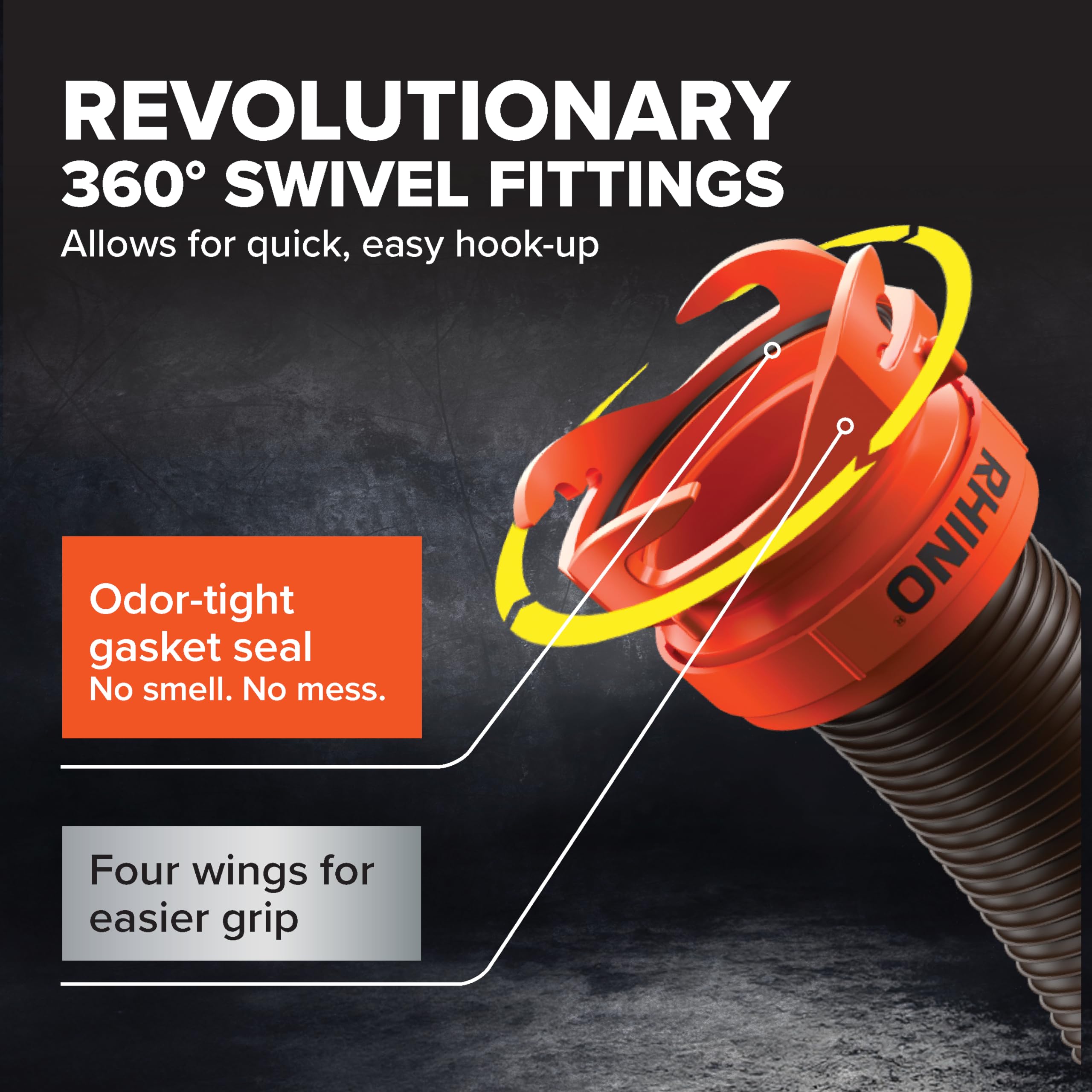 Camco RhinoFLEX 15' RV Sewer Hose Kit — Includes 4-in-1 Adapter, Clear Elbow, & Caps — Connects to 3″ Slip & 3″, 3 1/2″, 4″ NPT Threaded Sewer Connections (39770)