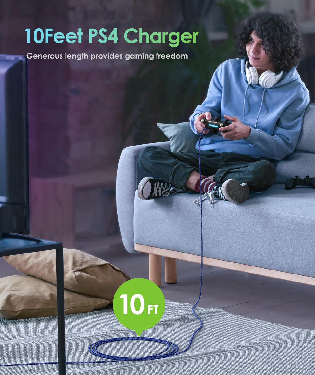 6amLifestyle PS4 Charger Cable for Controller, 2 Pack 10ft Micro USB Nylon Braided Cord, Micro USB Wire for PlayStation 4, Cables Slim/Pro, Xbox One S/X Controller, Android Phones, 2 Pack Black