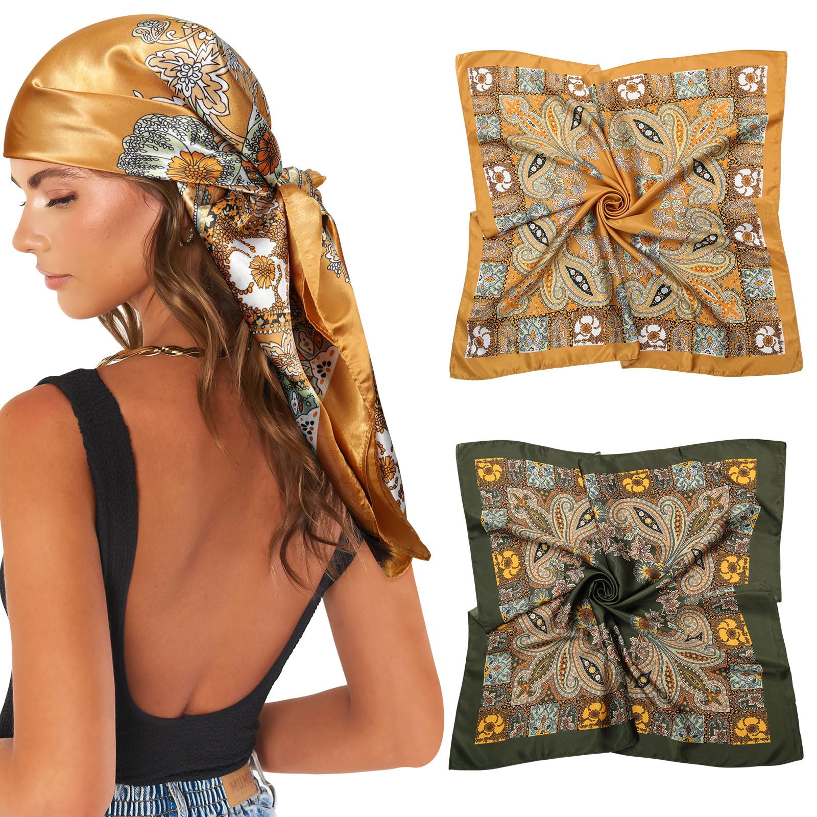 AWAYTR 35” Large Satin Square Head Scarf - 2Pcs Silk Like Floral Head Scarves Square Satin Hair Scarf Bandanas for Women