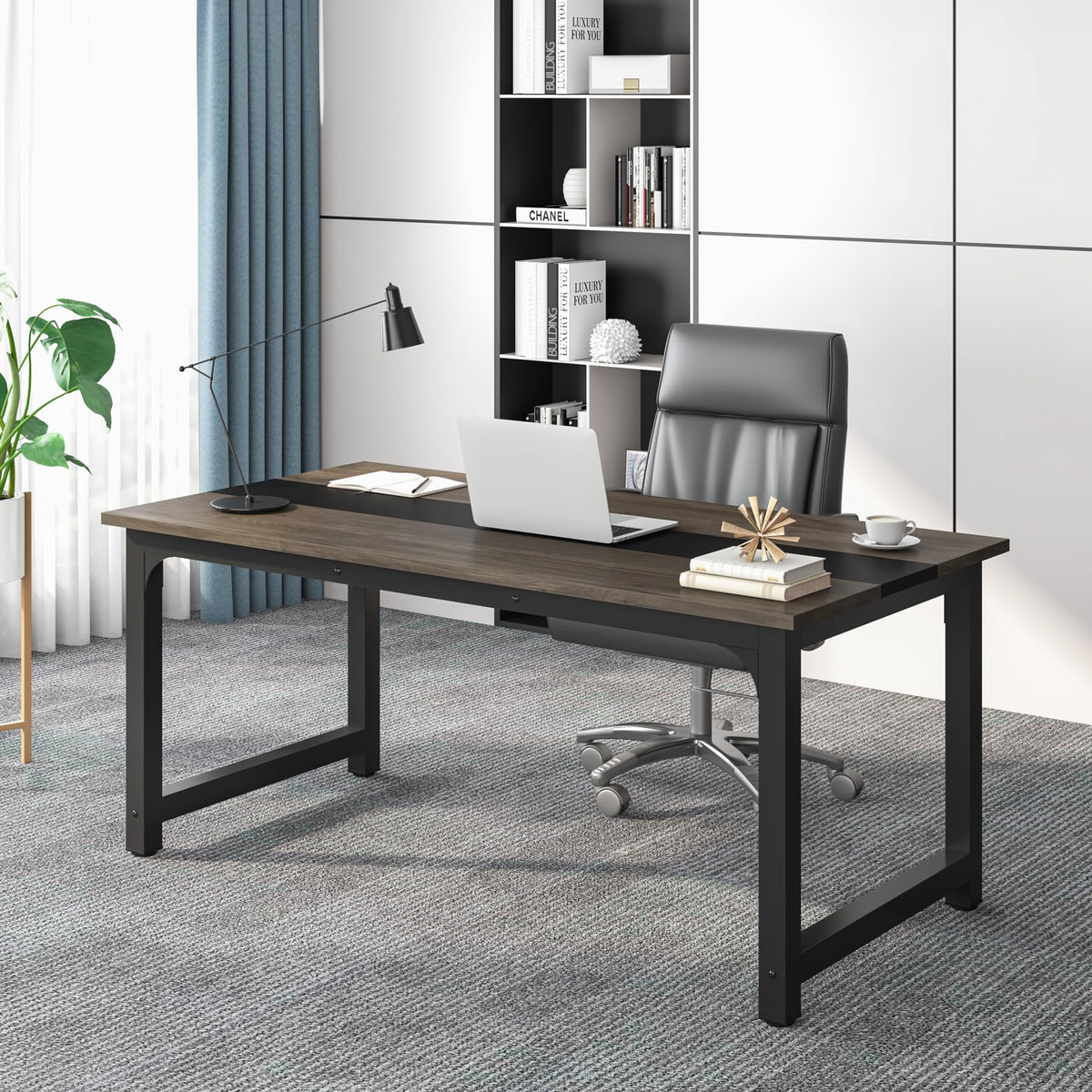 Tribesigns 63” Executive Desk, Large Office Computer Desk with Thicken Frame, Modern Simple Workstation Business Furniture for Home Office, Rustic Brown/Black