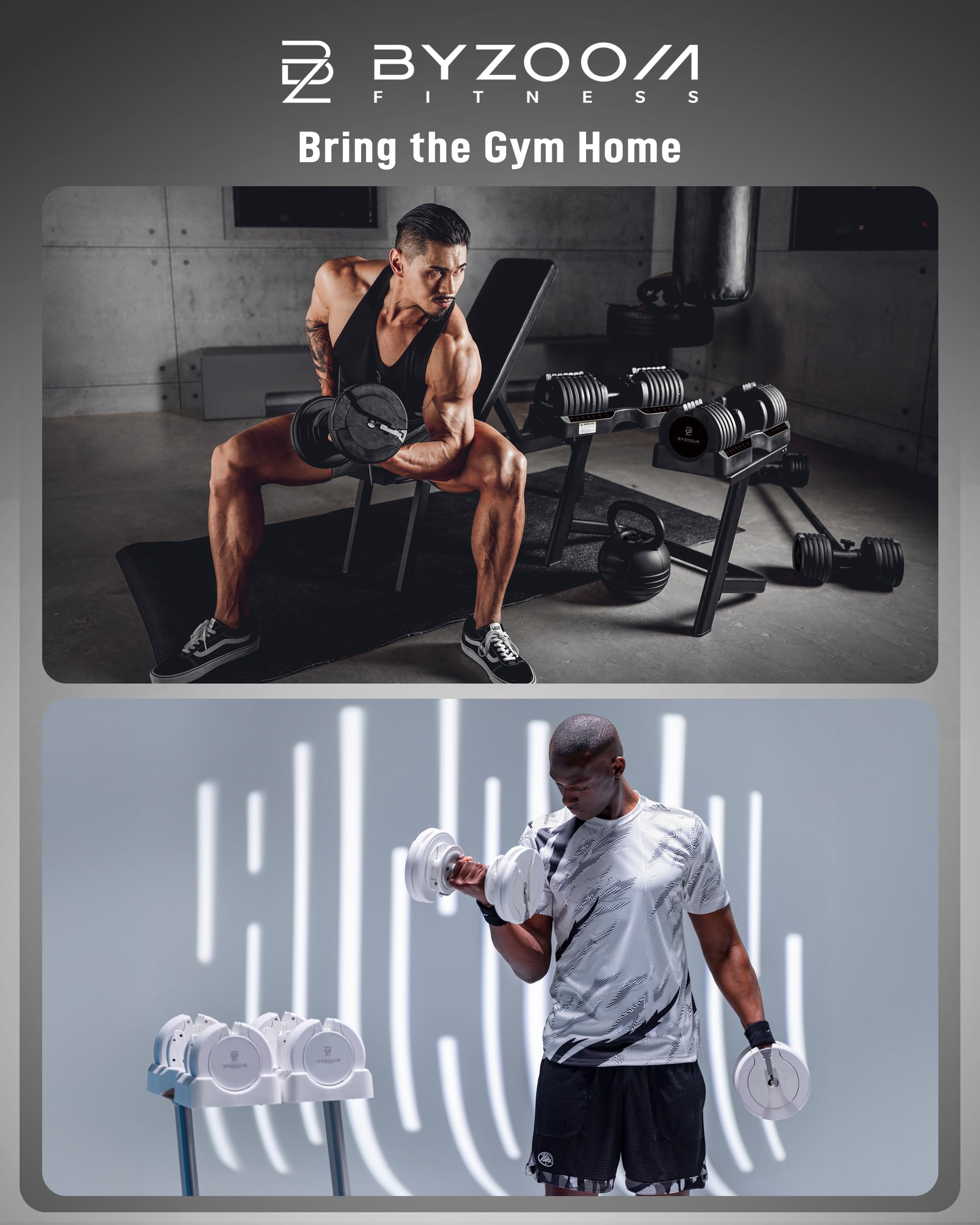 BYZOOM FITNESS Pure Series Adjustable Dumbbell - 12.5/25/27.5/50/55/75lb - ONE UNIT OR PAIR(check QTY before purchase) - 5-in-1/ 10-in-1 / 15-in-1 / 21-in-1 Flexible Hand Weights for Home Apartment Garage Gym, Strength Training & Fitness Workouts, White O
