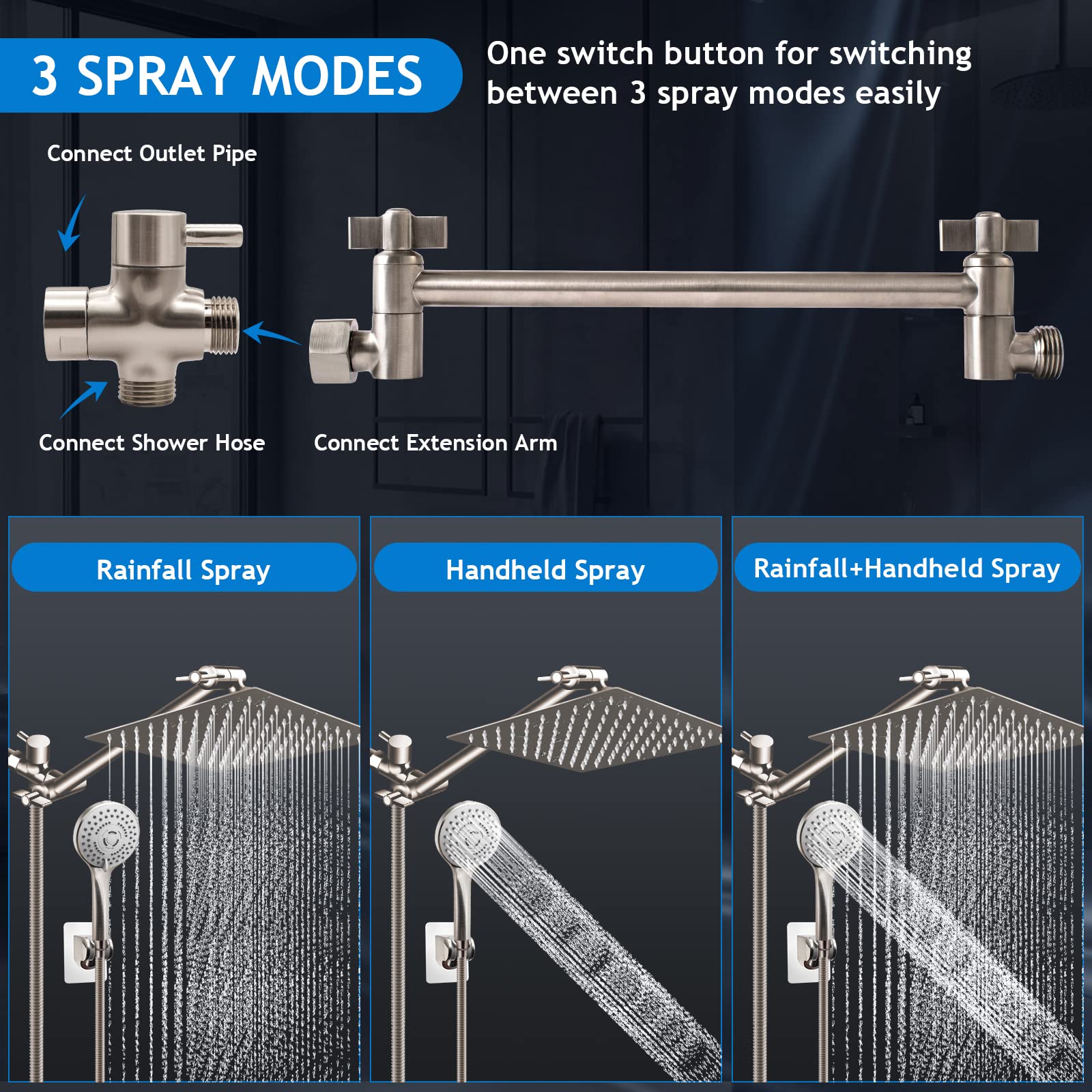 Shower Head Combo(Brushed Nickel),8 Inch High Pressure Rain Shower Head with 11 Inch Adjustable Extension Arm and 5 Settings Handheld Shower Head Combo,Powerful Shower Spray Against Low Pressure Water