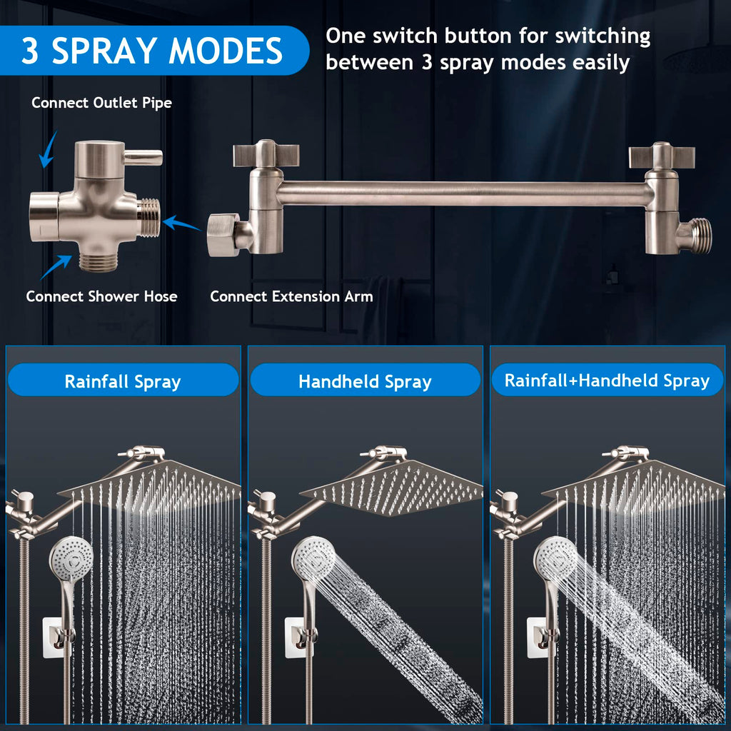 Shower Head Combo(Brushed Nickel),8 Inch High Pressure Rain Shower Head with 11 Inch Adjustable Extension Arm and 5 Settings Handheld Shower Head Combo,Powerful Shower Spray Against Low Pressure Water