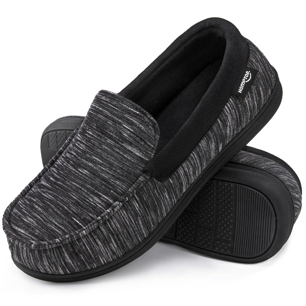 HomeTop Men's Comfort Memory Foam Moccasin Slippers, Breathable Cotton Knit Terry Cloth House Shoes for Indoor Outdoor