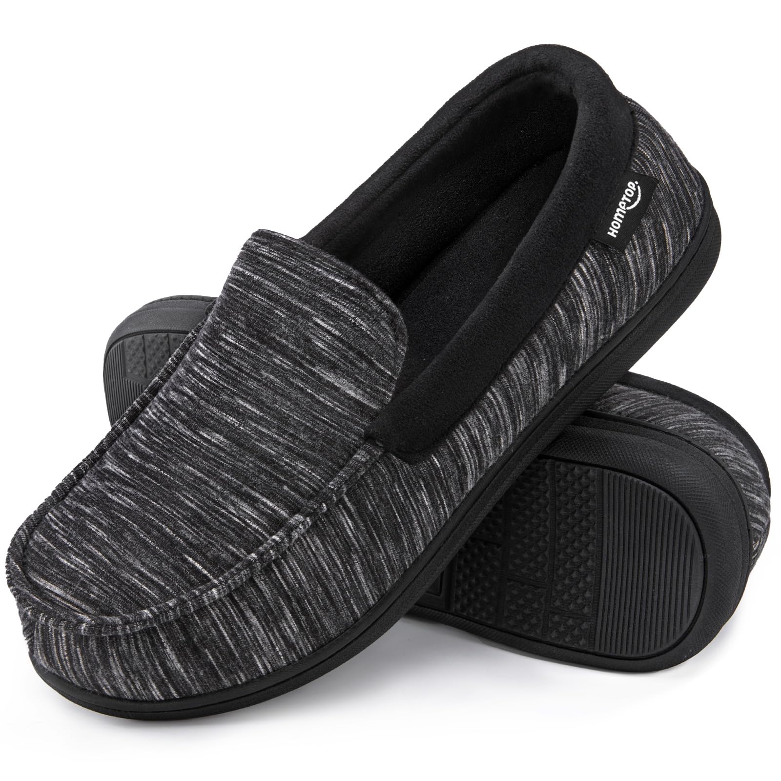 HomeTop Men's Comfort Memory Foam Moccasin Slippers, Breathable Cotton Knit Terry Cloth House Shoes for Indoor Outdoor