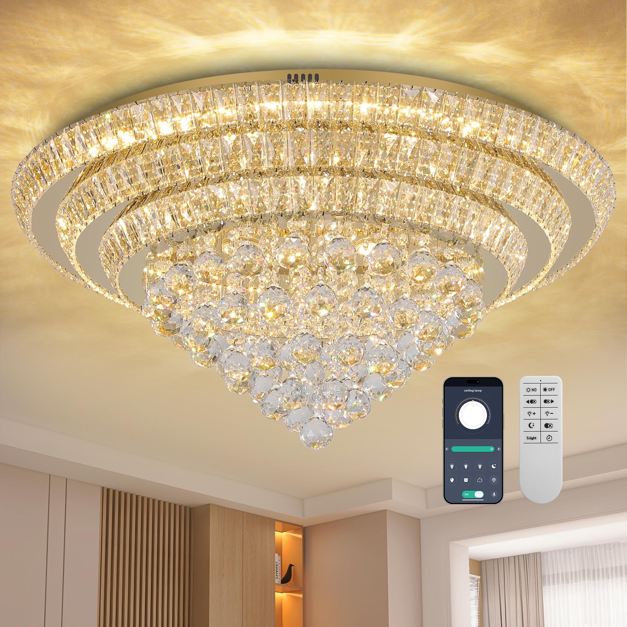 COCOSTAR 20" Gold Crystal Chandeliers, Flush Mount Chandelier LED Ceiling Light, Modern Crystal Raindrop Chandeliers for Dining Room, Living Room, Bedroom