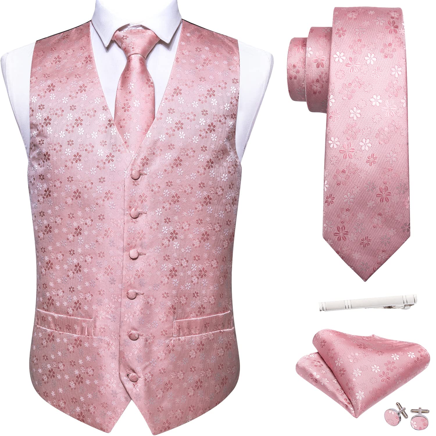 Barry.Wang Men's Suit Vest Formal/Leisure Paisley Jacquard Silk Tie Pocket Square Waistcoat Set Wedding 5PCS