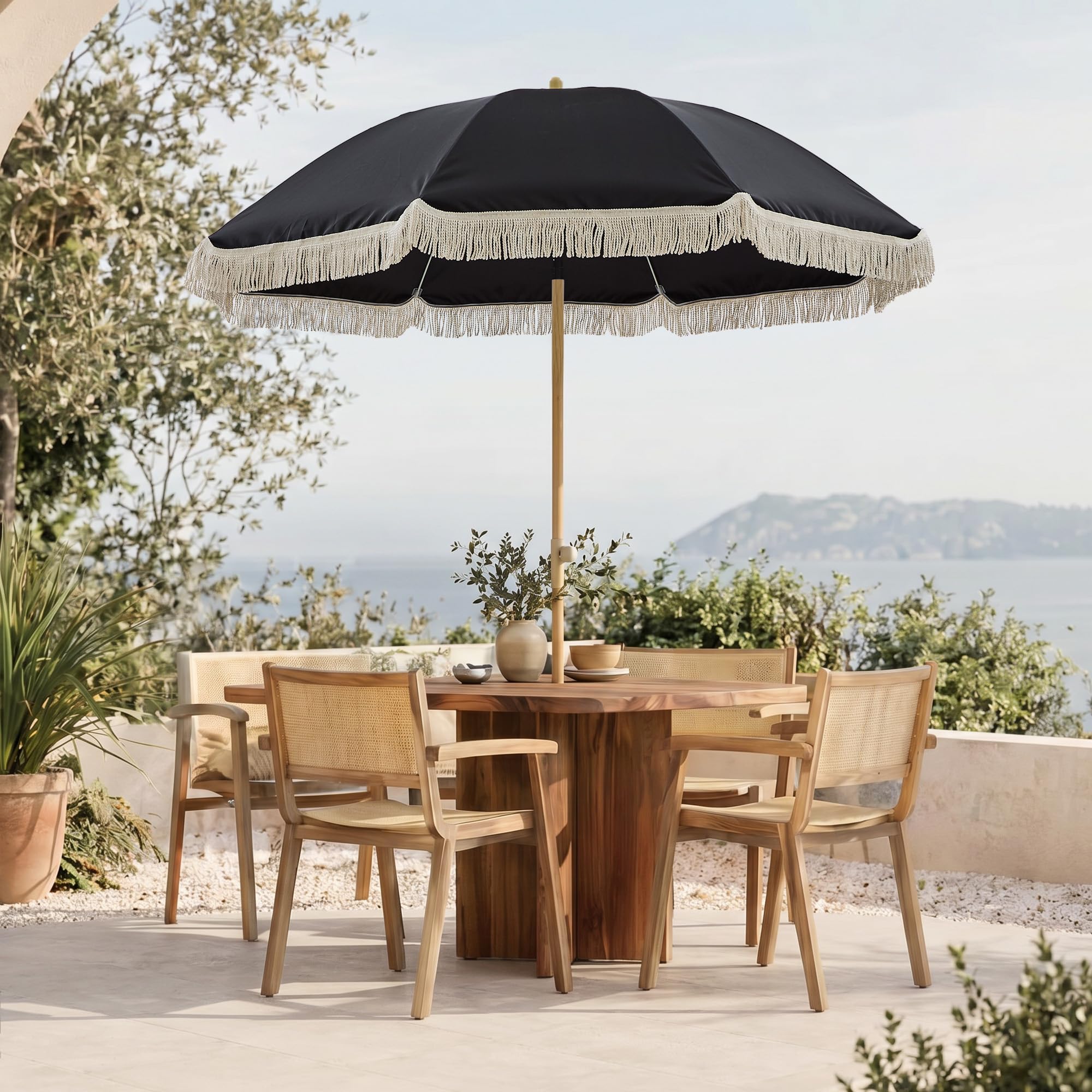 6.5FT Boho Patio Umberlla with Fringe,UPF50+ Outdoor Umbrella with Fiberglass Ribs and Push Button Tilt,Tassels Umbrella for Beach,Terrace,Picnic