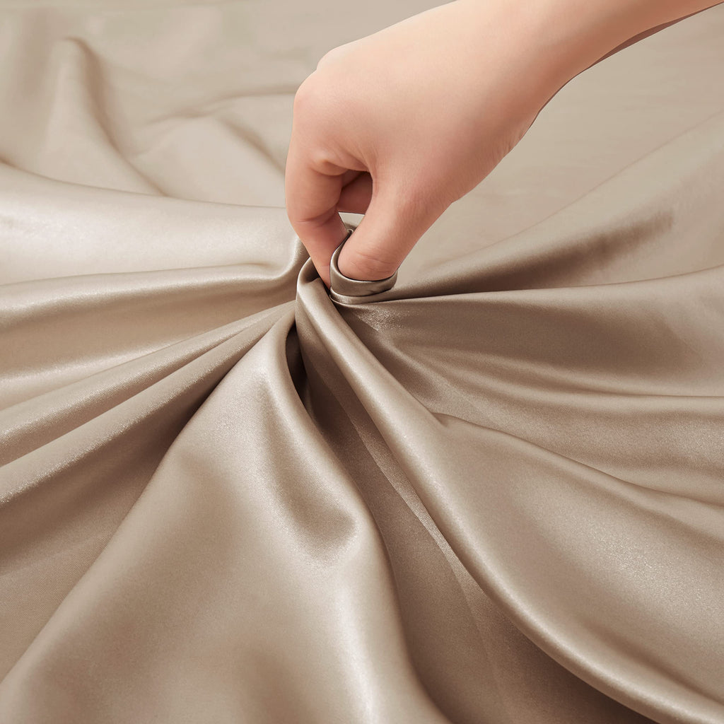 VACVELT 3pcs Beige Satin Sheets Twin Size Bed Set, 15 Inch Deep Pocket Silky Satin Sheet Set, Soft Satin Bedding Set Cooling & Luxury Bed Sheets, 1 Fitted Sheet + 1 Flat Sheet + 1 Pillowcase