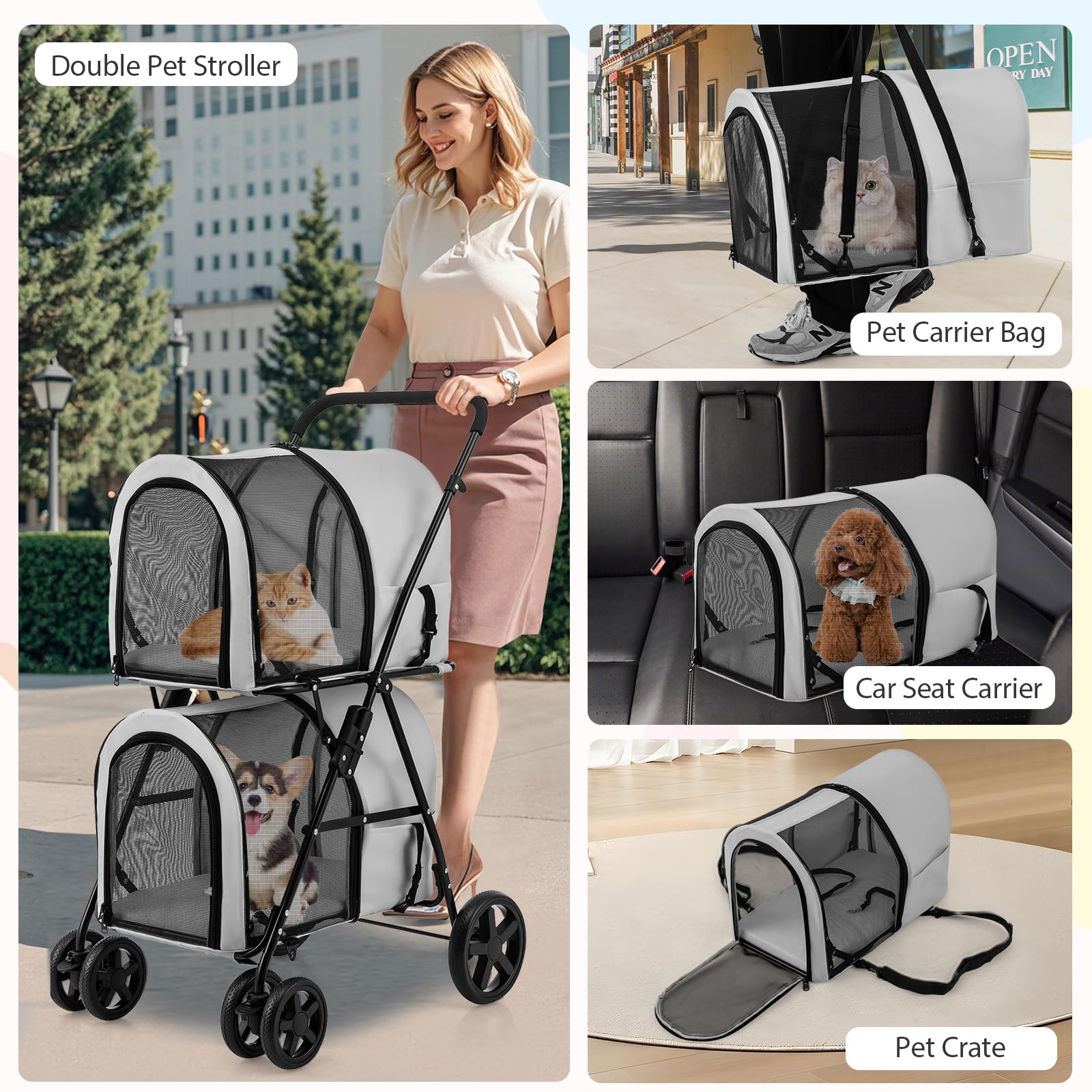 Giantex Double Pet Stroller with 2 Detachable Carrier Bags, Safety Belt, 4 Lockable Wheels, Folding Cat & Dog Stroller for Small Medium Pets, Cats Dogs Puppy Travel Strolling Cart (Beige)
