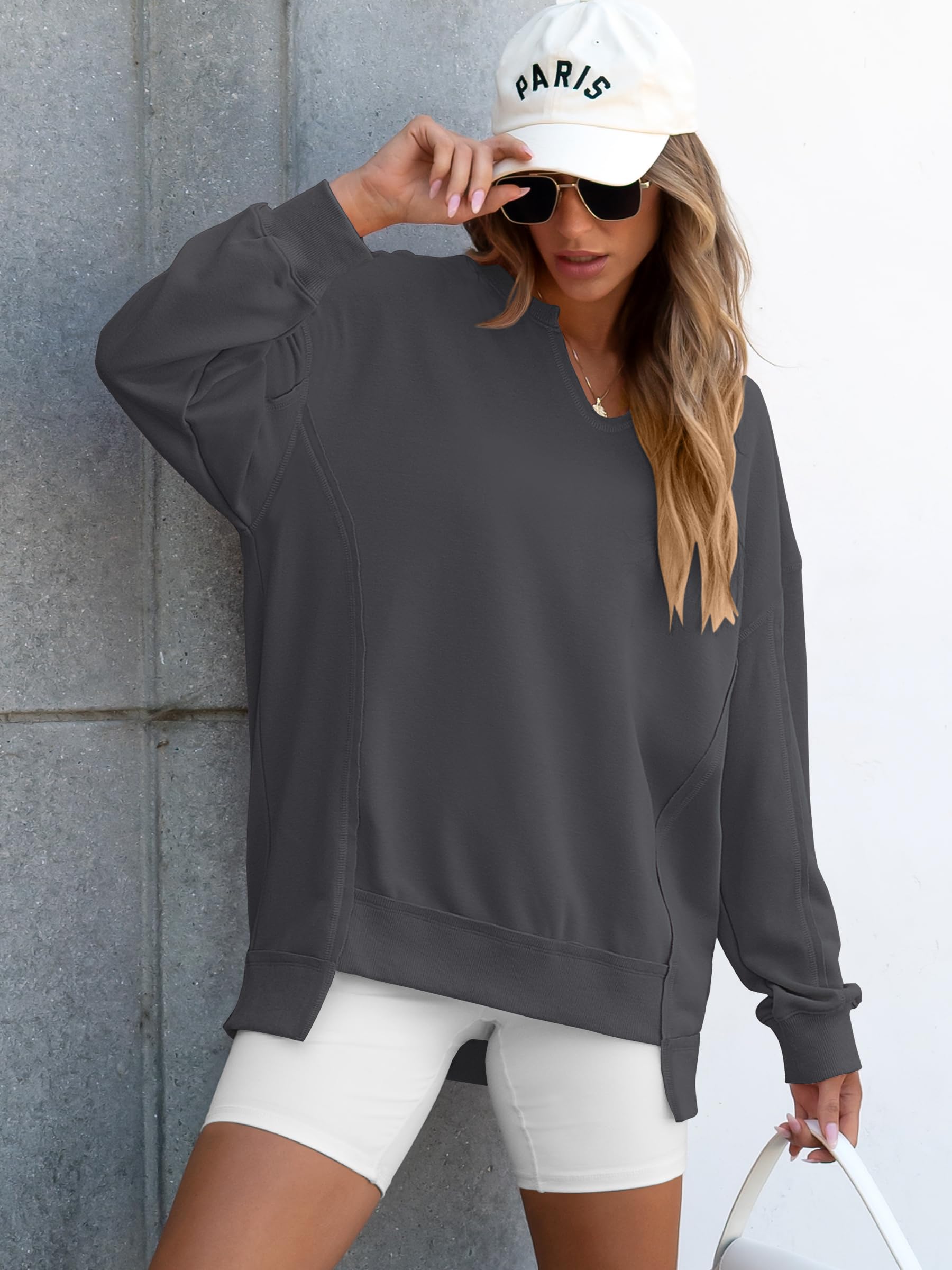 ANRABESS Women's Long Sleeve V-Neck Oversized Sweatshirts | Soft Lightweight Loose Fit Pullover Tops, Casual School Workout Office Tunic Shirts, Teen Girls Outfit, Fall Winter Clothes