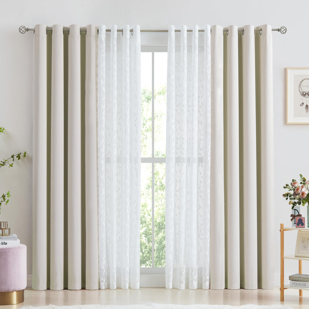 Jubilantex Full Blackout Curtains + Leaf Sheer Window Panels, Beige Mix and Match Style Double Layer Window Treatment Sets for Bedroom Living Room, 4 Panels 52" W x 63" L, Beige and White