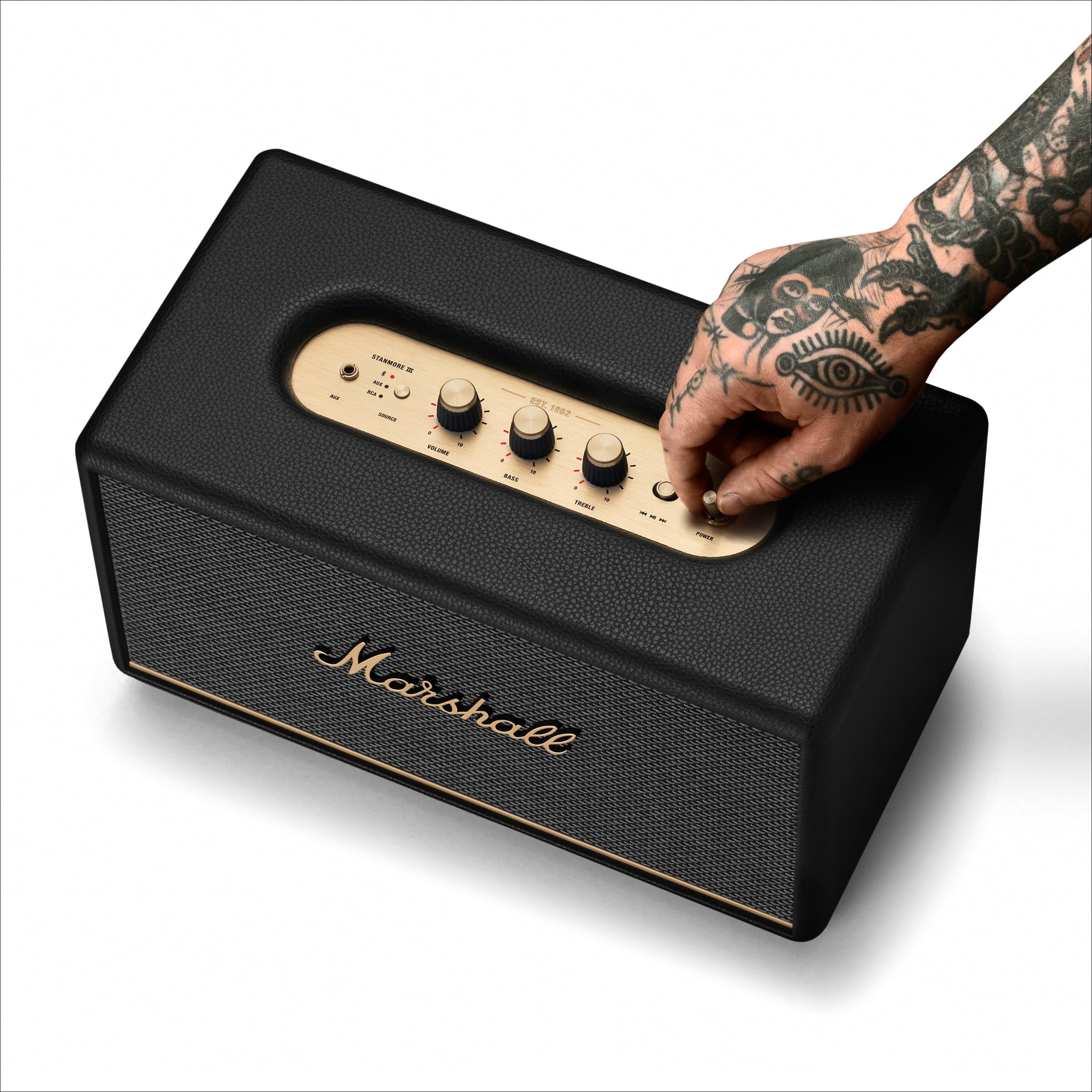 Marshall Stanmore III Bluetooth Home Speaker - Loud Stereo Sound with Bass and Treble Controls | Plug-in Powered | Record Player Compatible | RCA and 3.5mm Aux Inputs - Black