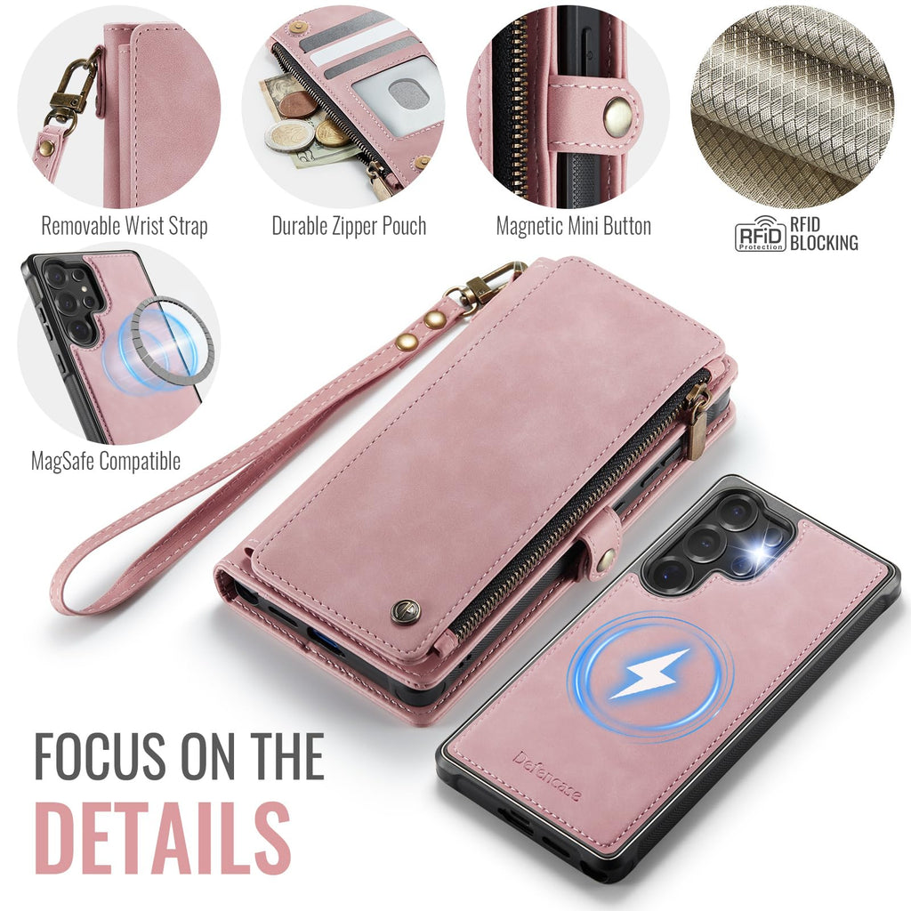 Defencase for Samsung Galaxy S25 Ultra Magnetic Wallet Case Compatible with Magsafe with RFID Blocking Zipper & Card Holder Women, PU Leather Detachable Phone Case for Galaxy S25 Ultra 6.9", Black