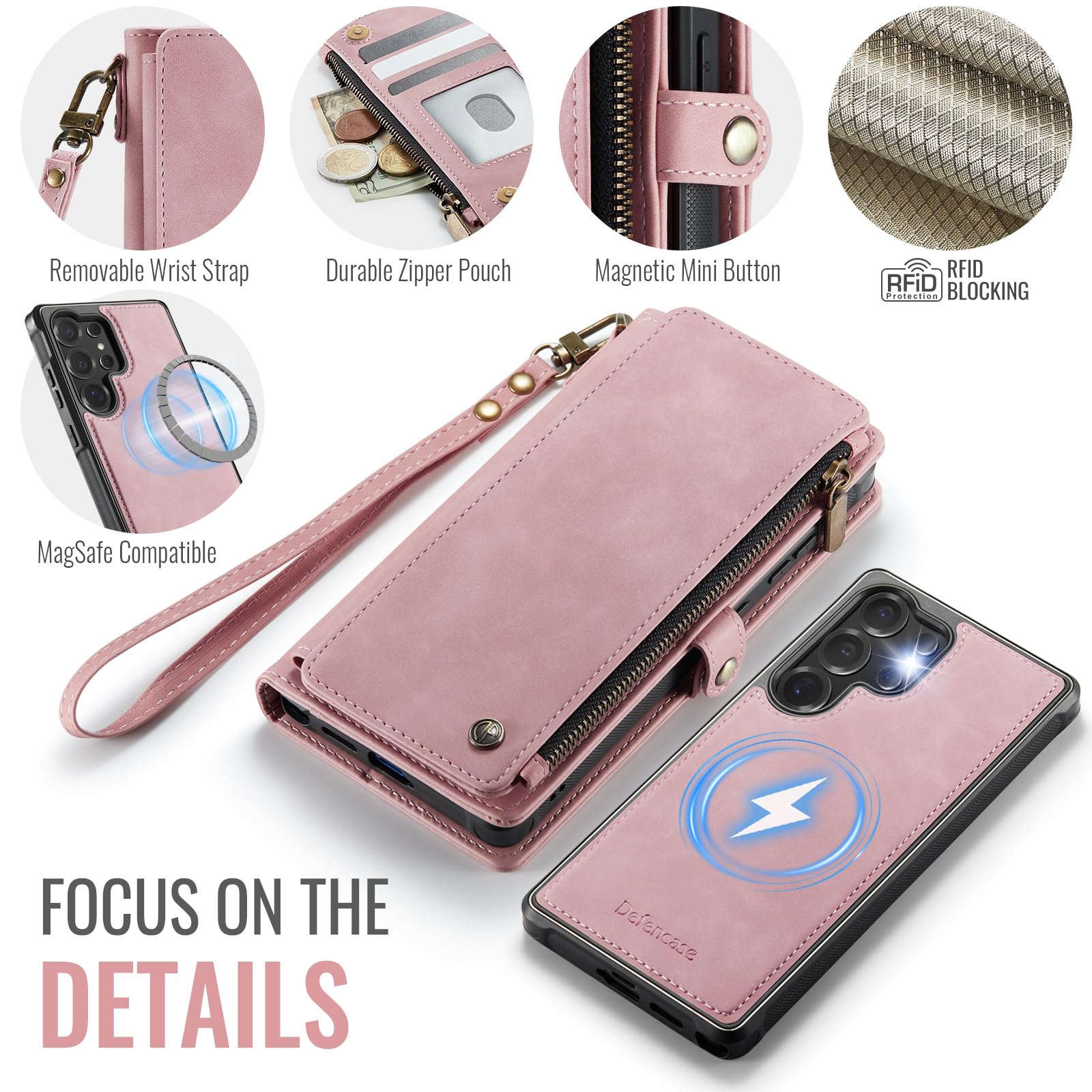 Defencase for Samsung Galaxy S25 Ultra Magnetic Wallet Case Compatible with Magsafe with RFID Blocking Zipper & Card Holder Women, PU Leather Detachable Phone Case for Galaxy S25 Ultra 6.9", Black
