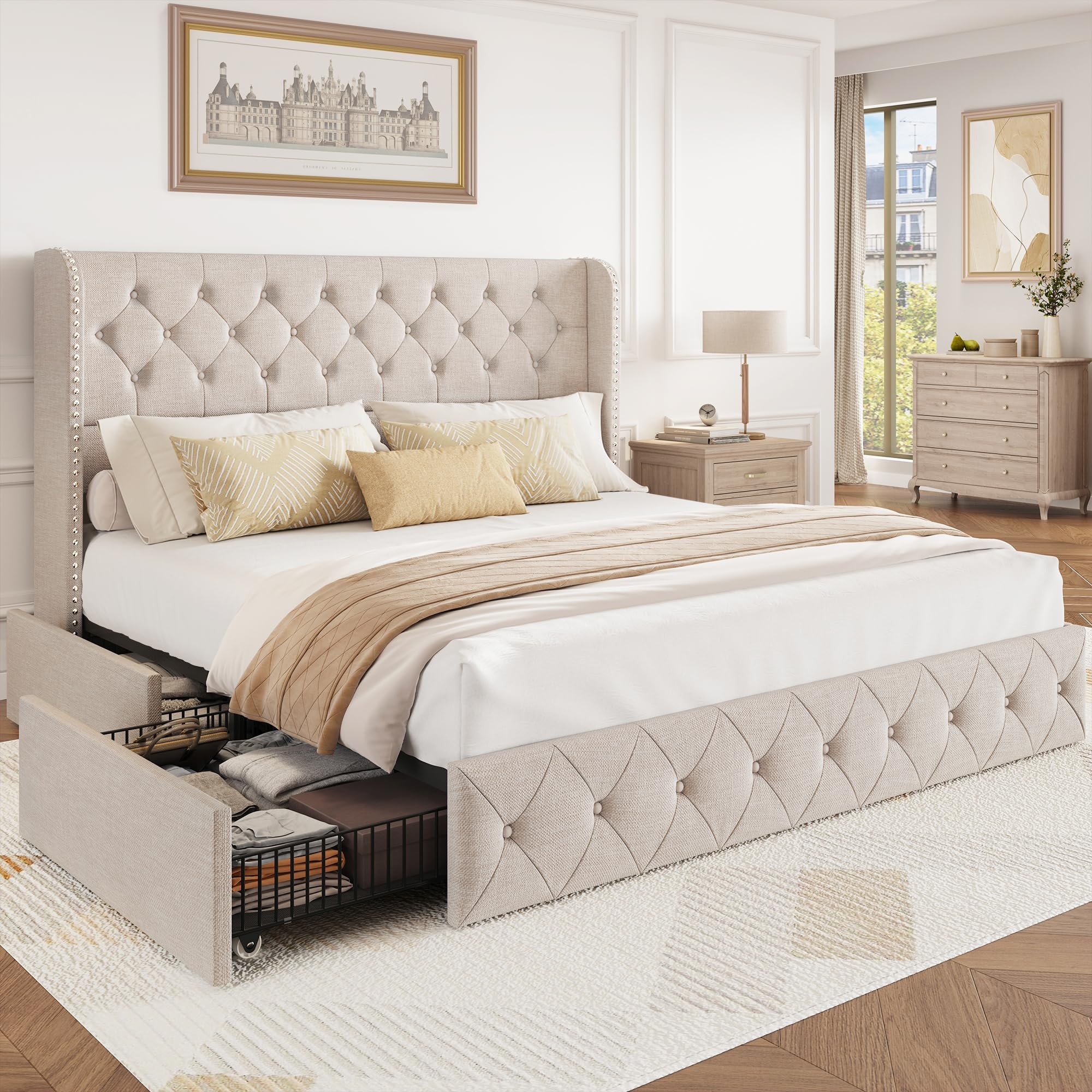 BRELTAM Full Size Bed Frame with Storage Drawers and Wingback Headboard Linen Upholstered Platform Bed Frame Tufted Beds with Heavy Duty Wood Slats, Noise Free, Easy Assembly, Beige