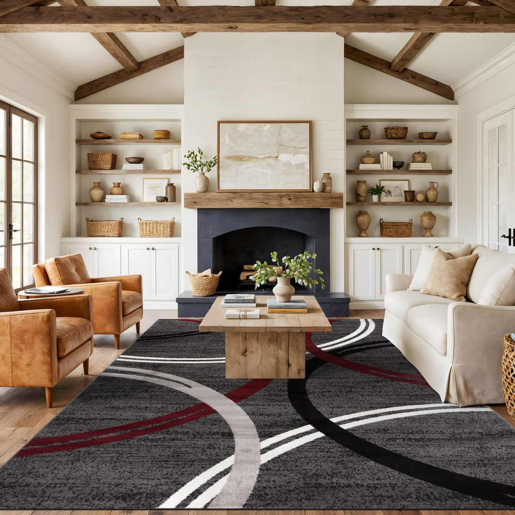 Rugshop Modern Wavy Circles Design Accent Rug, Carpet with Jute Backing for Entryway, Kitchen, or Pet Area, Black, 2' x 3'