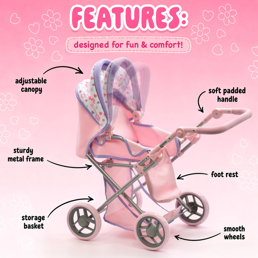 Baby Doll Convertible Pram Stroller with Removable Travel Bassinet Carrier for Kids Adjustable Handle Buggy Carriage with Canopy and Storage Basket 25 Inch Pink, Black