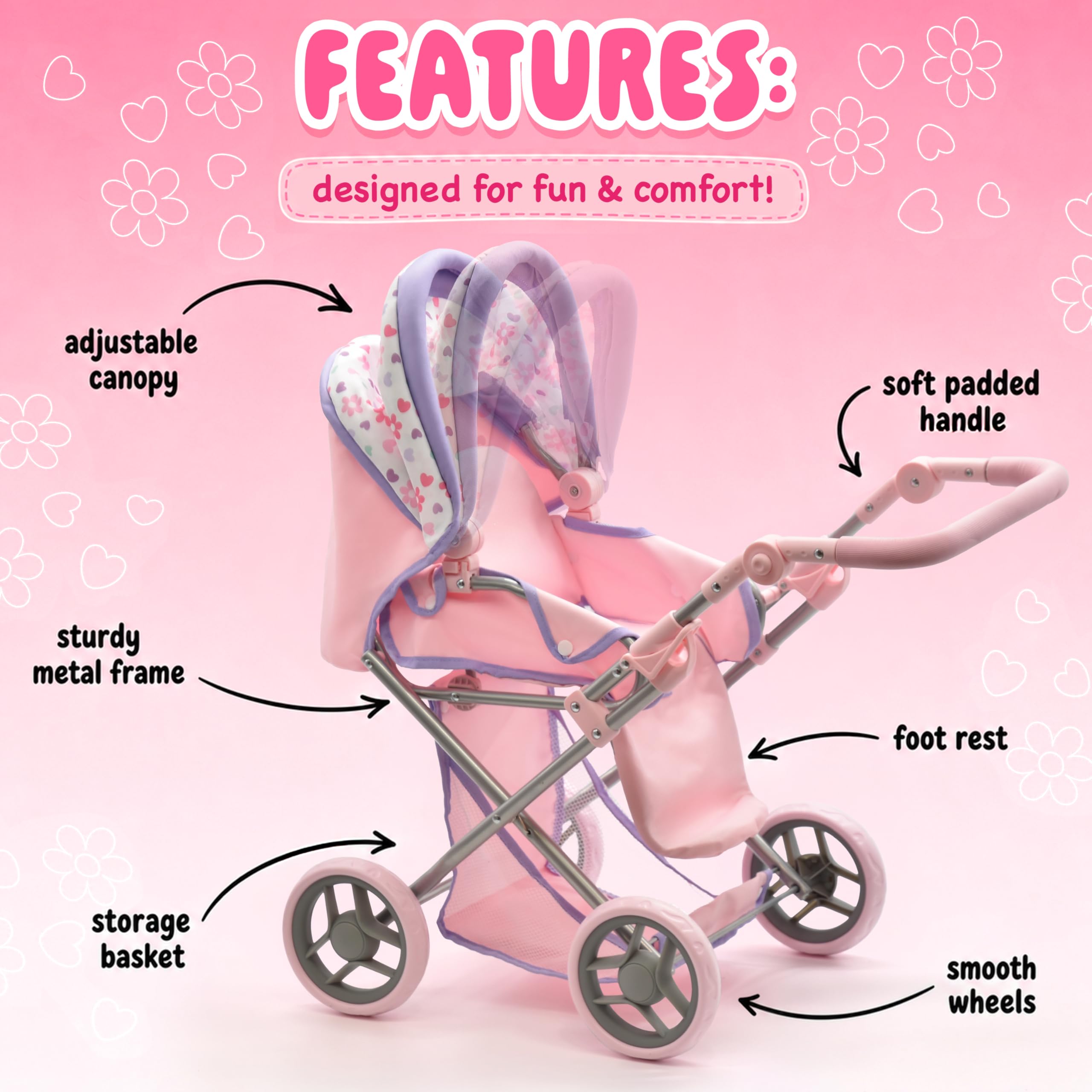Baby Doll Convertible Pram Stroller with Removable Travel Bassinet Carrier for Kids Adjustable Handle Buggy Carriage with Canopy and Storage Basket 25 Inch Pink, Black
