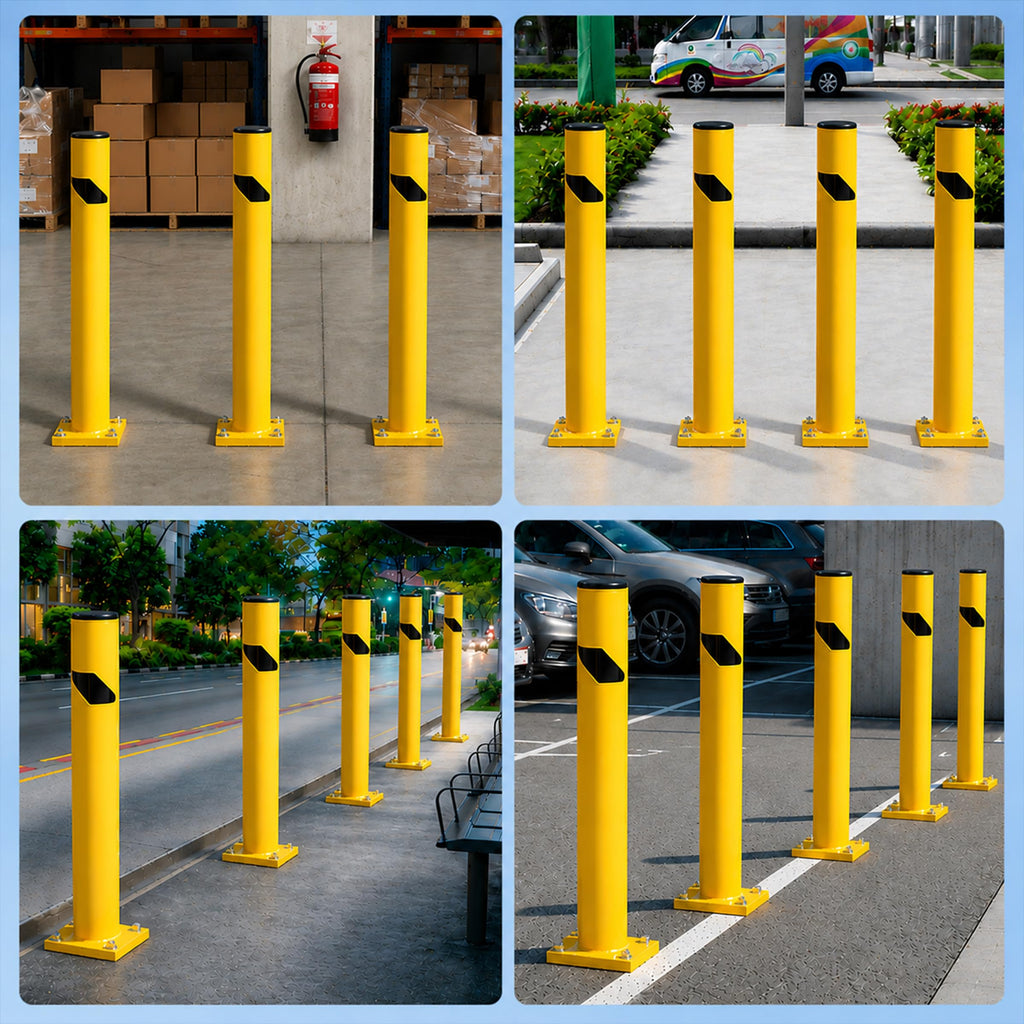 Crowd Control Warehouse Trafford Industrial Steel Bollards 24” Height, Safety Steel Post, Yellow Powder-Coated Finish Heavy Duty Fillable with Concrete, for Driveway Barrier, Parking Pole & Traffic