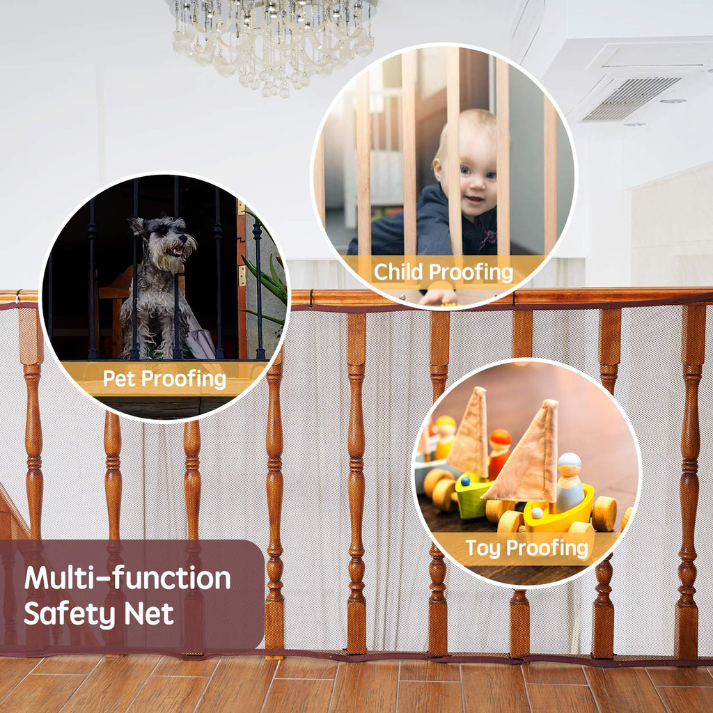 Baby Gates for Stairs with Banister, Guard Safety Net for Baby, 10ft x 3ft Stair Railing Mesh Barrier for Kids, Cats, Dogs, Child Safety Rail Guard - Dark Brown