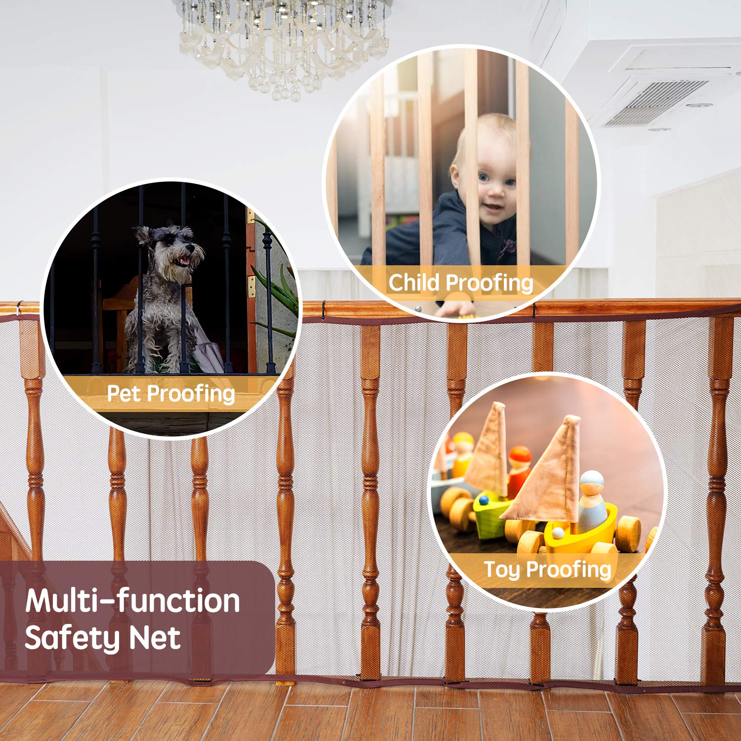 Baby Gates for Stairs with Banister, Guard Safety Net for Baby, 10ft x 3ft Stair Railing Mesh Barrier for Kids, Cats, Dogs, Child Safety Rail Guard - Dark Brown