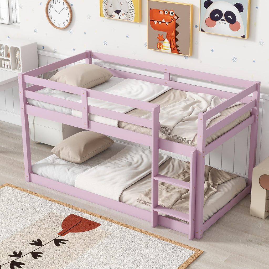 Bunk Bed Twin Over Twin, Wood Low Profile Floor Twin Bunk Beds with Headboard Ladder Guardrails for Kids Boys and Girls, No Box Spring Needed