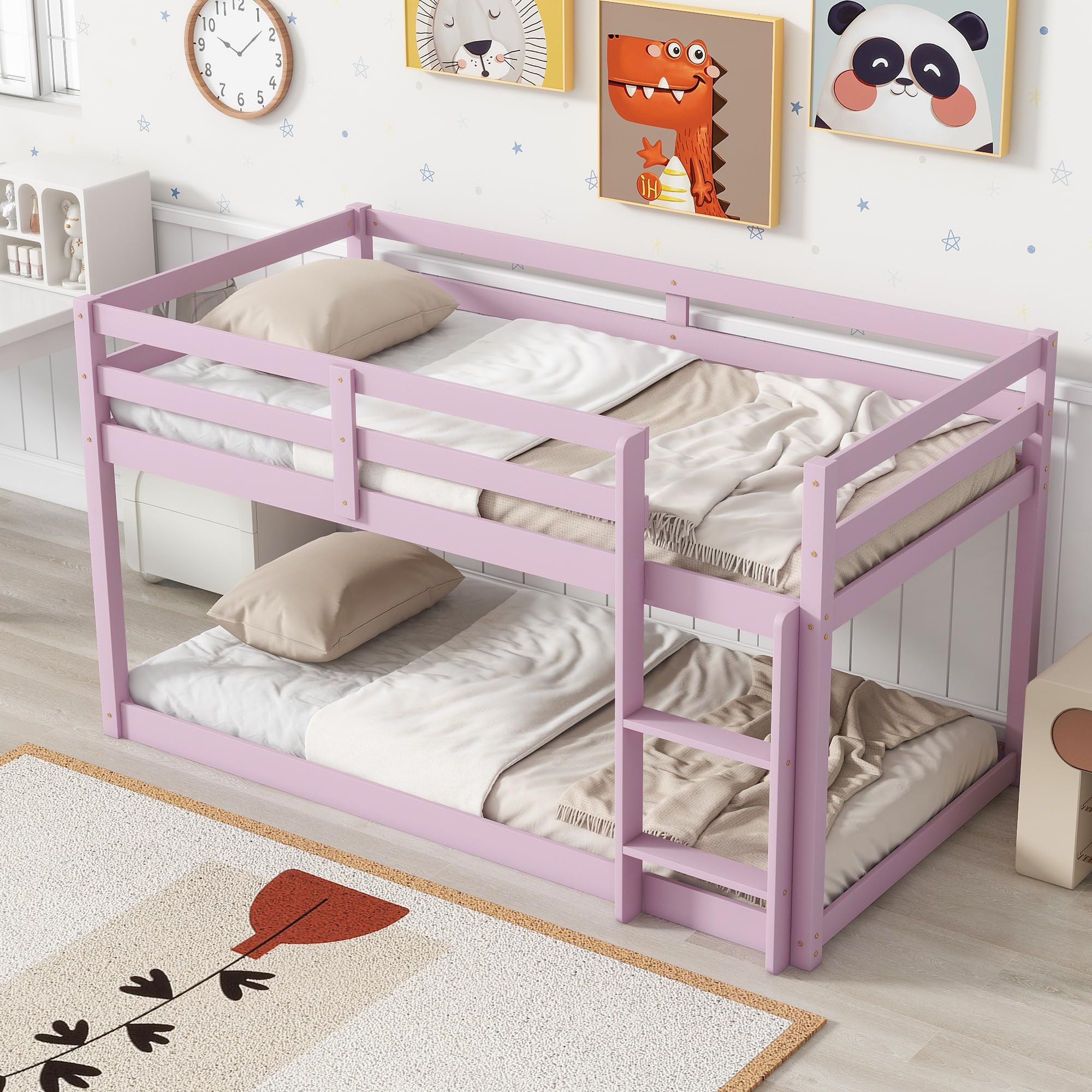Bunk Bed Twin Over Twin, Wood Low Profile Floor Twin Bunk Beds with Headboard Ladder Guardrails for Kids Boys and Girls, No Box Spring Needed