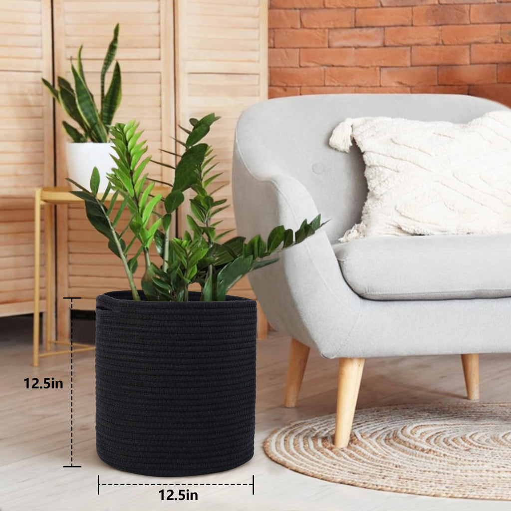 MEGASKET Cotton Rope Plant Basket, Woven Basket Planter for 10 inch Pot, Round Indoor Tree Pot Cover, Small Storage Bin Organizer, Modern Bins for Plants and Home Decor, 11”X11”, Black