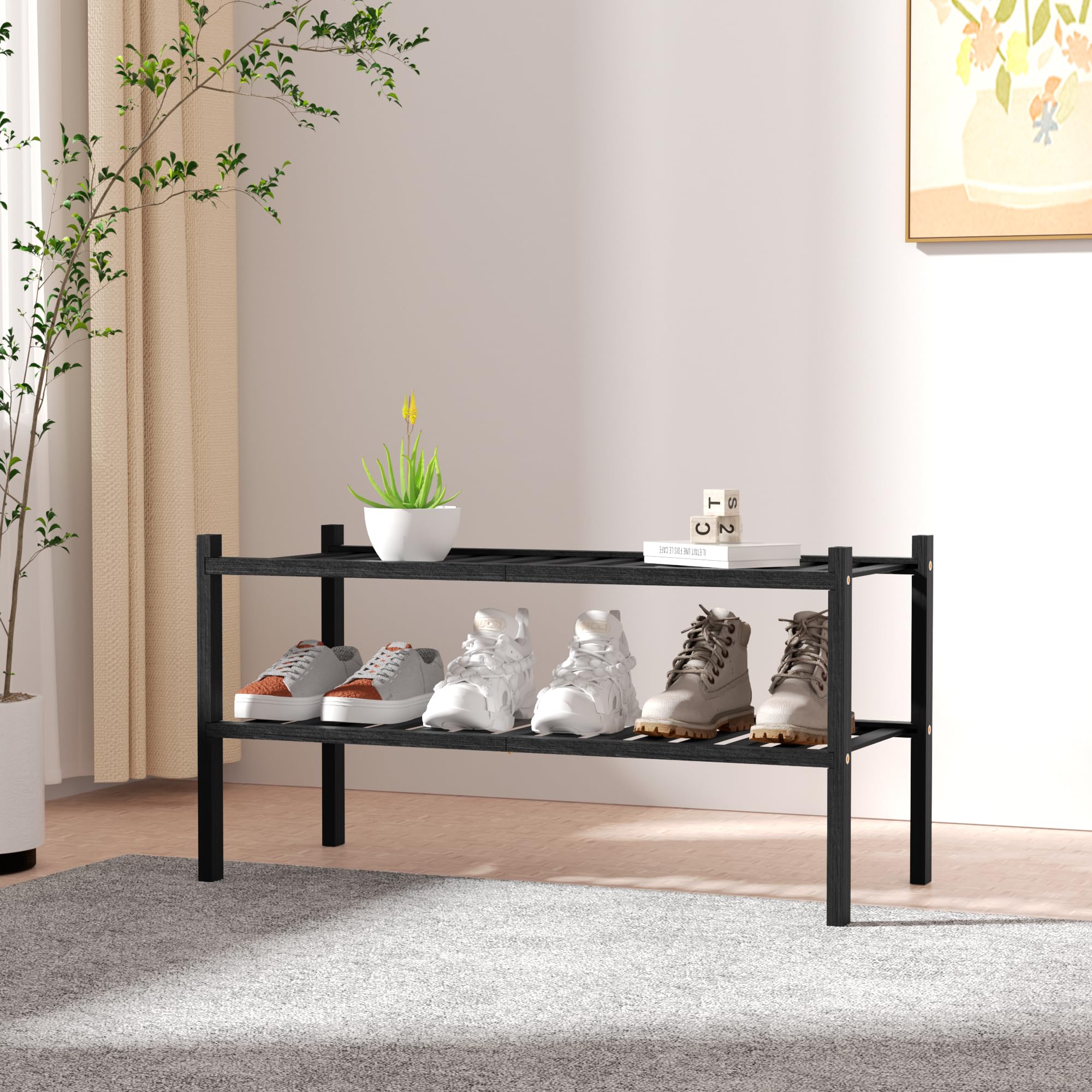 ROMGUAR CRAFT 2-Tier Bamboo Long Shoe Rack, Free Standing Wood Shoe Shelf Storage Organizer for Closet Entryway Stackable 35"x11"x13" (Black)