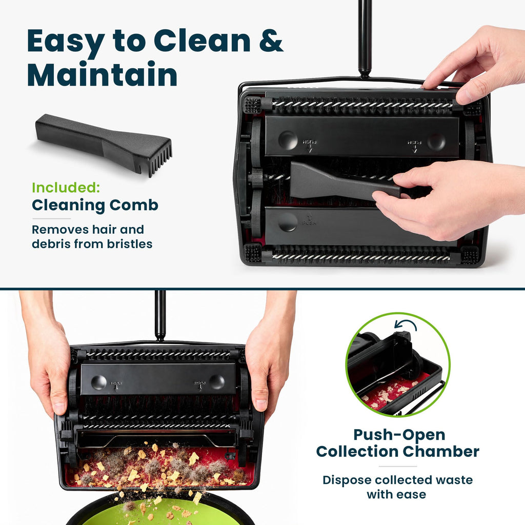 Alpine Manual Carpet Sweeper Triple Brush – Cordless Non Electric Multi-Surface Floor Brush Hardwood Floor Cleaner Easy Sweeping for Carpeted Floors (Improved Black)