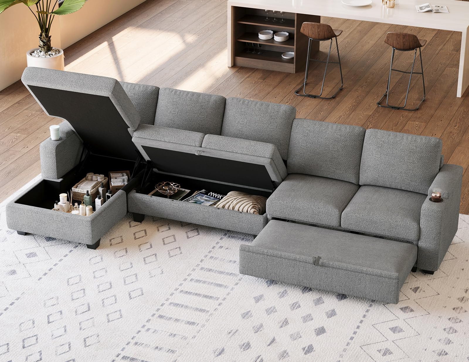 Belffin Modular Sectional Sleeper Sofa Bed with Storage Chaise L Shaped Sectional Couches for Living Room Armrest with Cup Holder. White Couch