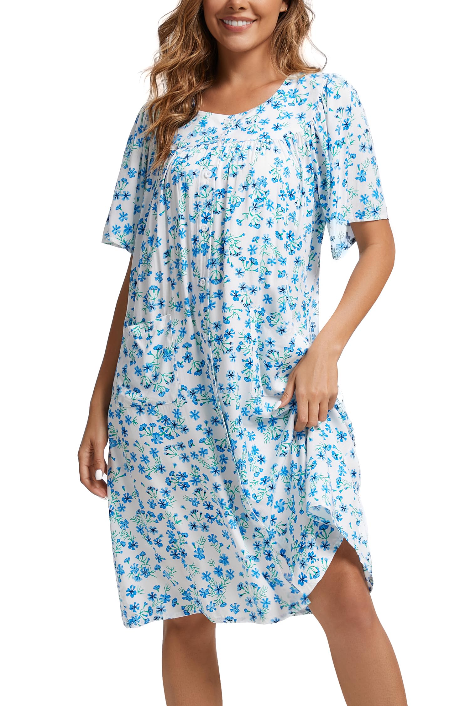COSUNIONY House Dresses for Women Cotton Short Sleeve House Coat Buttons Down Dusters Robe with Pockets S-XXL