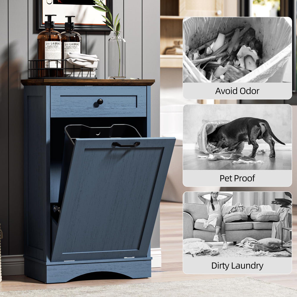 AHB Double Tilt Out Trash Can Cabinet Freestanding Kitchen Trash Can, 2x13 Gallons Hidden Garbage Recycling Cabinet with Hideaway Drawers Pet Proof Trash Can Holder for Kitchen, Antique White