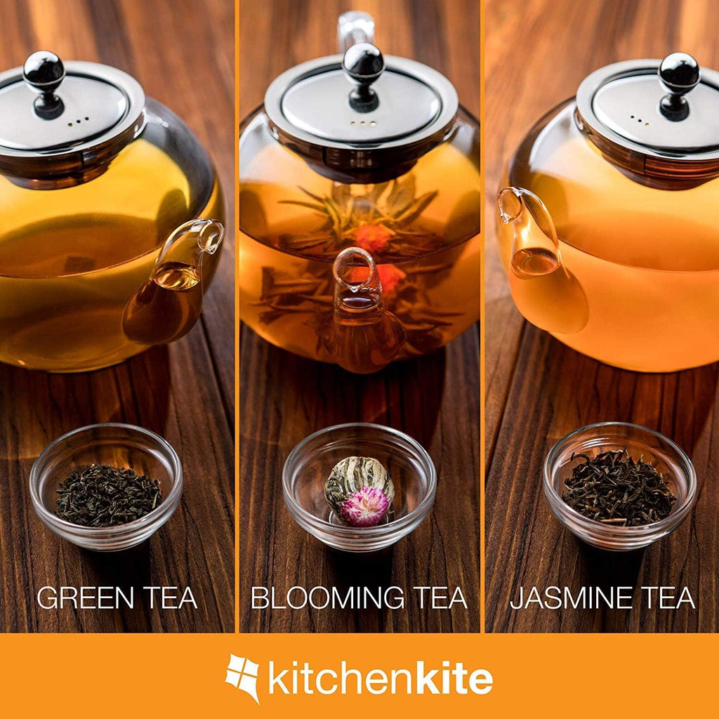 Kitchen Kite Glass Teapot Set with 4 Double Wall Tea Cups & Removable Stainless Steel Infuser, 35oz/1000ml Borosilicate Tea Kettle Stovetop Safe, Loose Leaf & Blooming Tea Maker Gift Set for Women