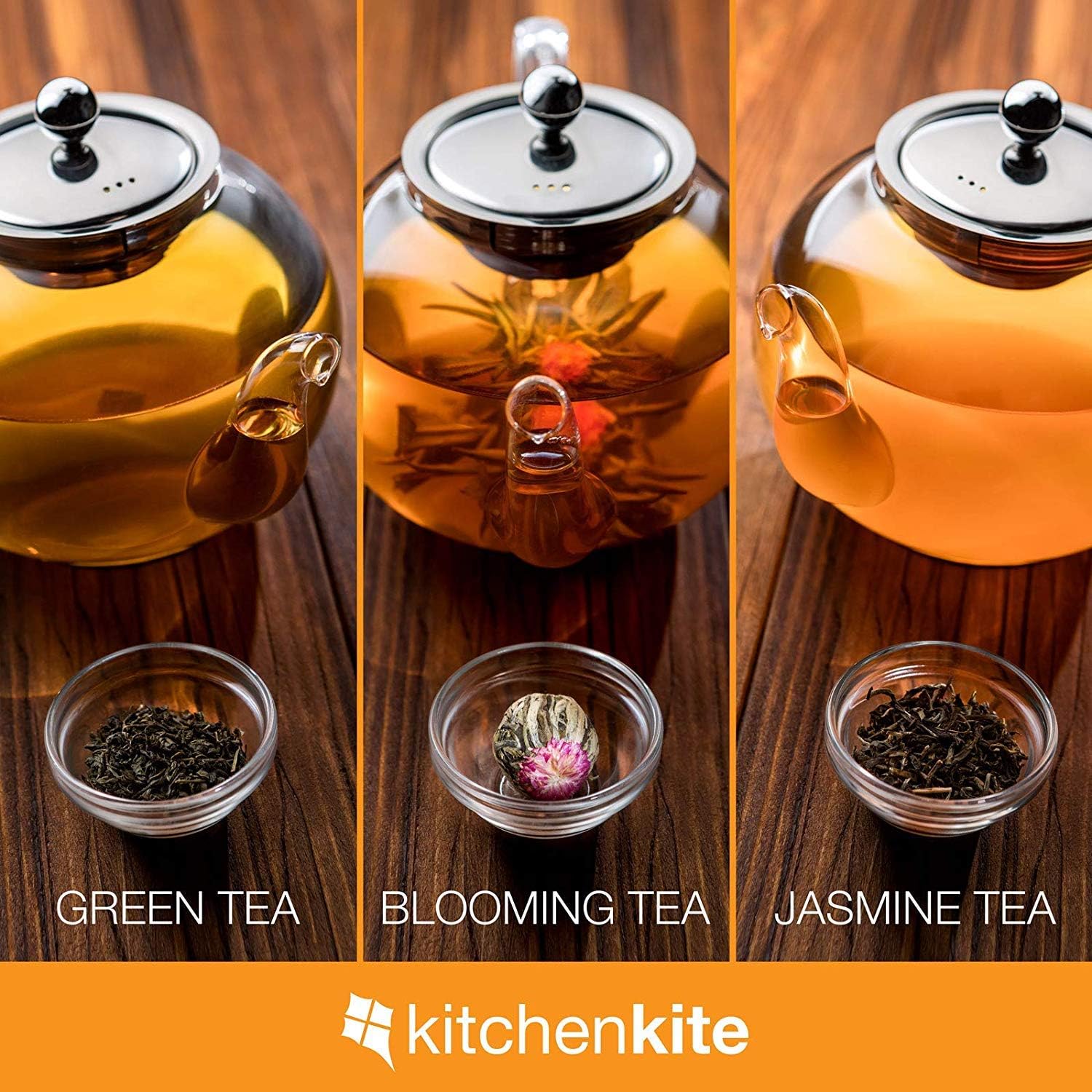 Kitchen Kite Glass Teapot Set with 4 Double Wall Tea Cups & Removable Stainless Steel Infuser, 35oz/1000ml Borosilicate Tea Kettle Stovetop Safe, Loose Leaf & Blooming Tea Maker Gift Set for Women