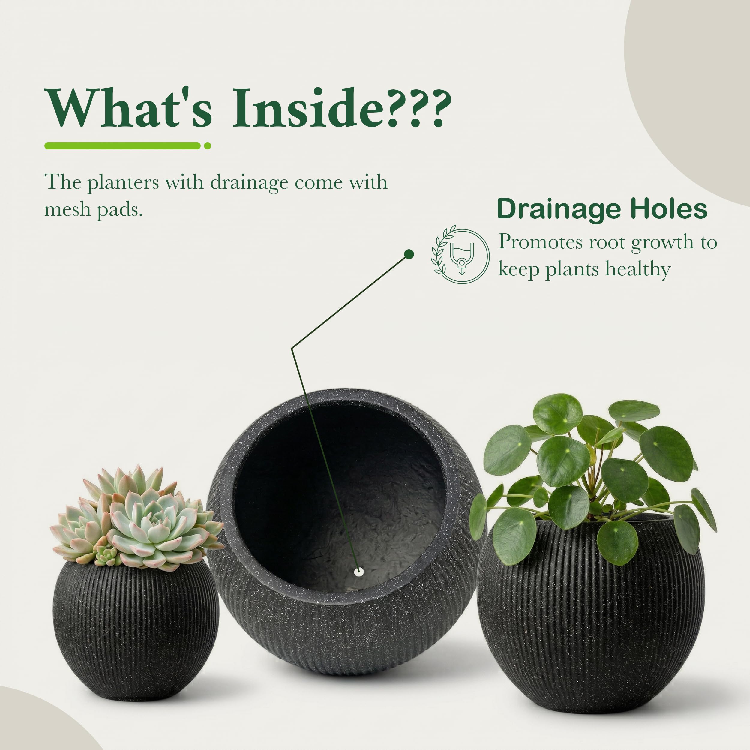 DTY Fiberstone Globe Planter Indoor Outdoor — Lightweight Sphere Ball Pot for Olive Tree, Monstera & Palm | Fiberglass Stone | UV Resistant, Drainage Hole | 2 Coco Mats | Black | 12.6" D × 10" H